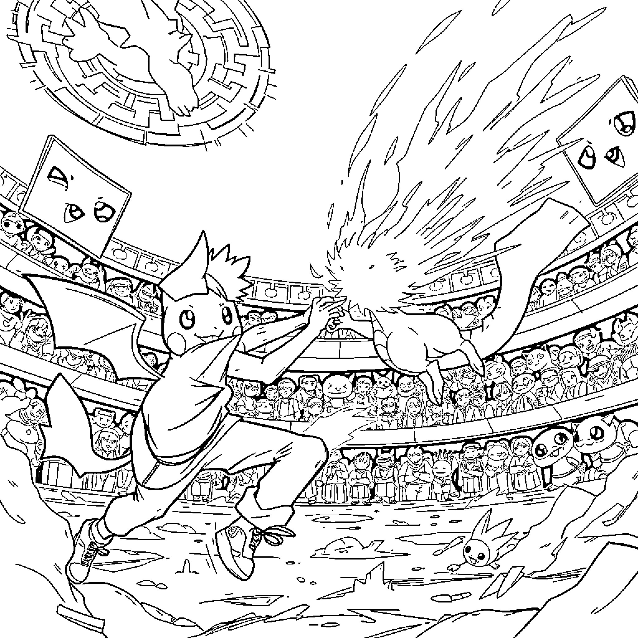 Teenage Male Battling Fantastical Creatures in Arena Coloring Page (free black-and-white line drawing printable PDF for all, from beginners to advanced learners, including children, teens, adults, and seniors)