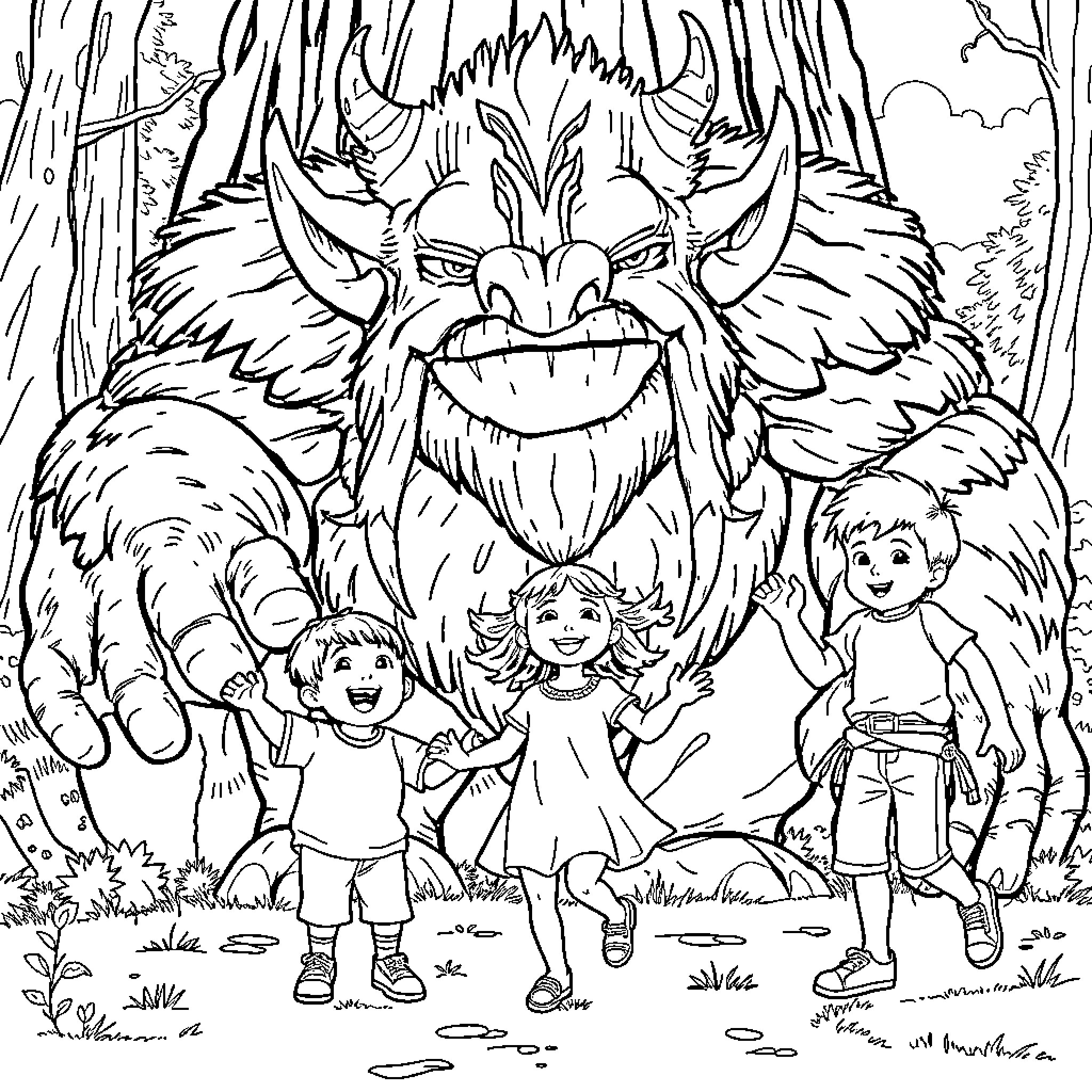 Child discovers a magical forest creature Coloring Page (free black-and-white line drawing printable PDF for all, from beginners to advanced learners, including children, teens, adults, and seniors)