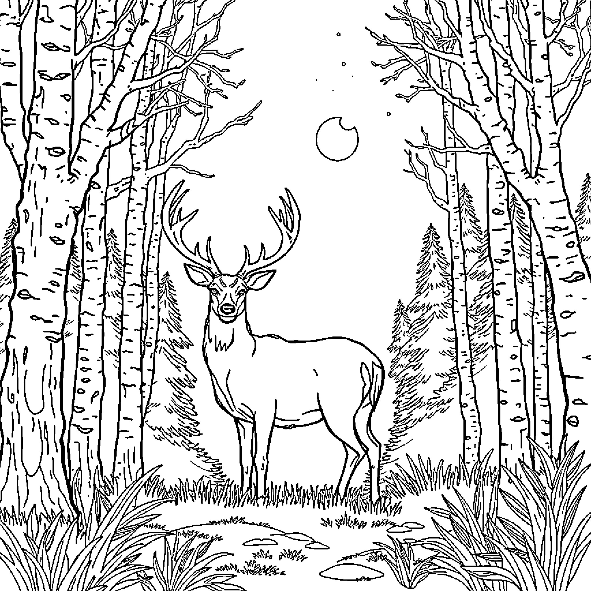 Deer standing amidst trees in serene forest landscape Coloring Page (free black-and-white line drawing printable PDF for all, from beginners to advanced learners, including children, teens, adults, and seniors)
