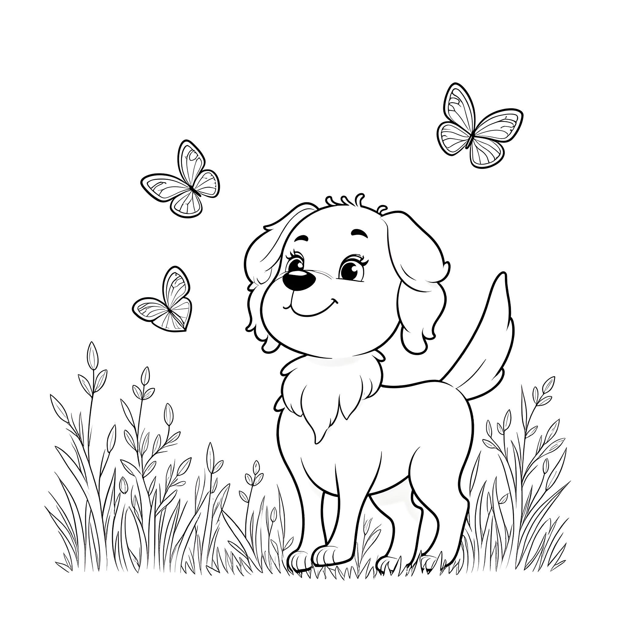 Bluey the puppy plays amidst butterflies and greenery Coloring Page (free black-and-white line drawing printable PDF for all, from beginners to advanced learners, including children, teens, adults, and seniors)