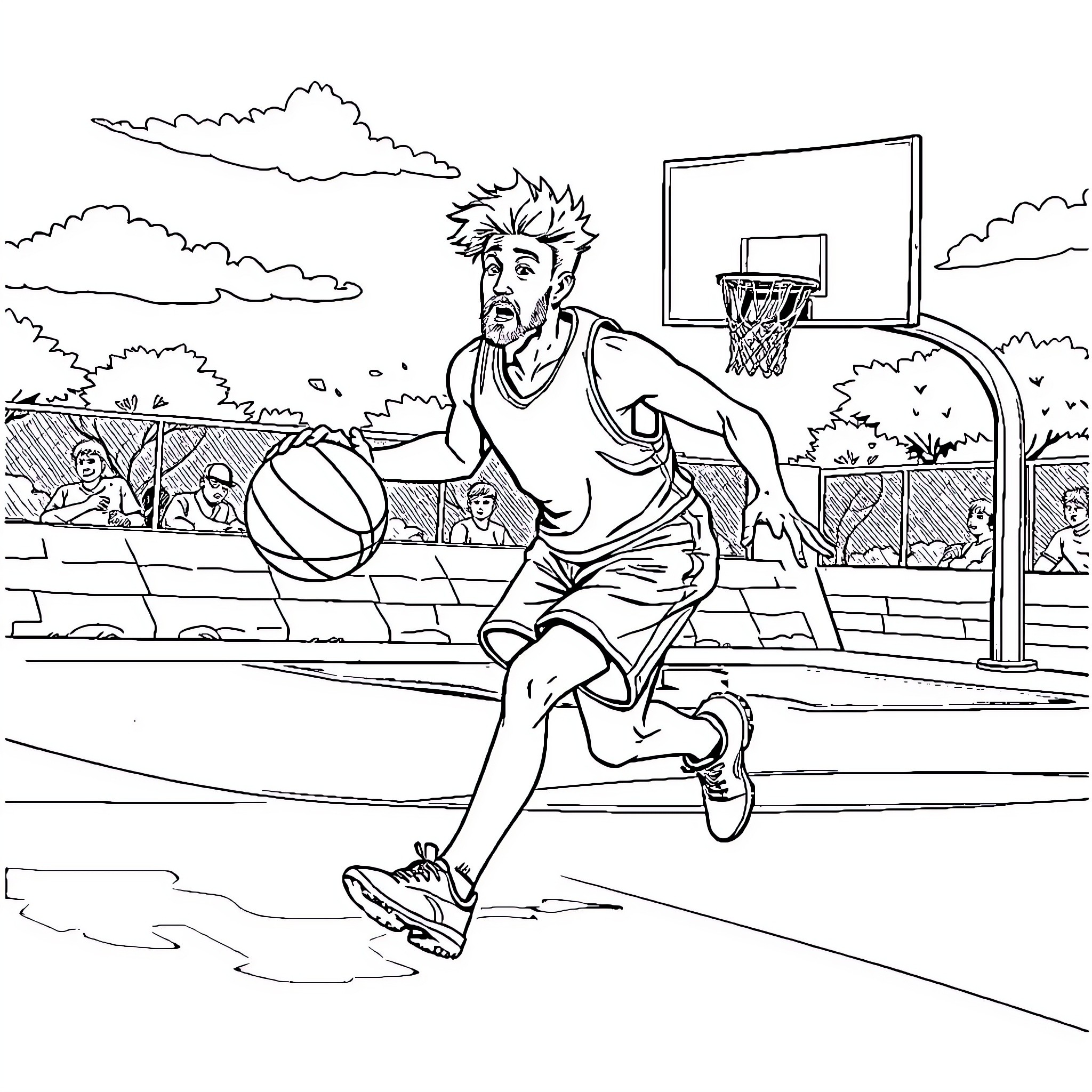 Rapunzel Playing Basketball on the Court Coloring Page (free black-and-white line drawing printable PDF for all, from beginners to advanced learners, including children, teens, adults, and seniors)