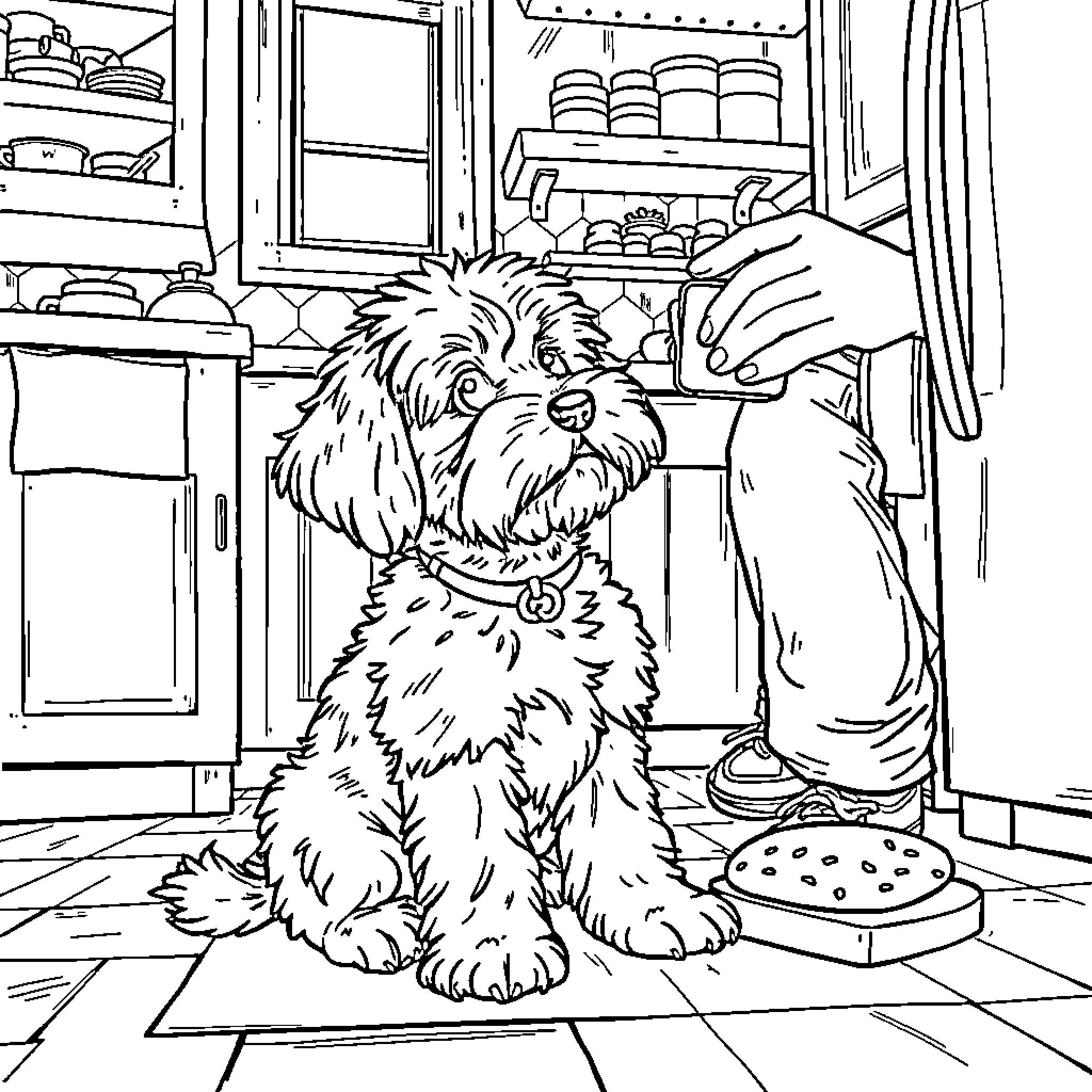 Cavoodle enjoying a treat in the kitchen Coloring Page (free black-and-white line drawing printable PDF for all, from beginners to advanced learners, including children, teens, adults, and seniors)