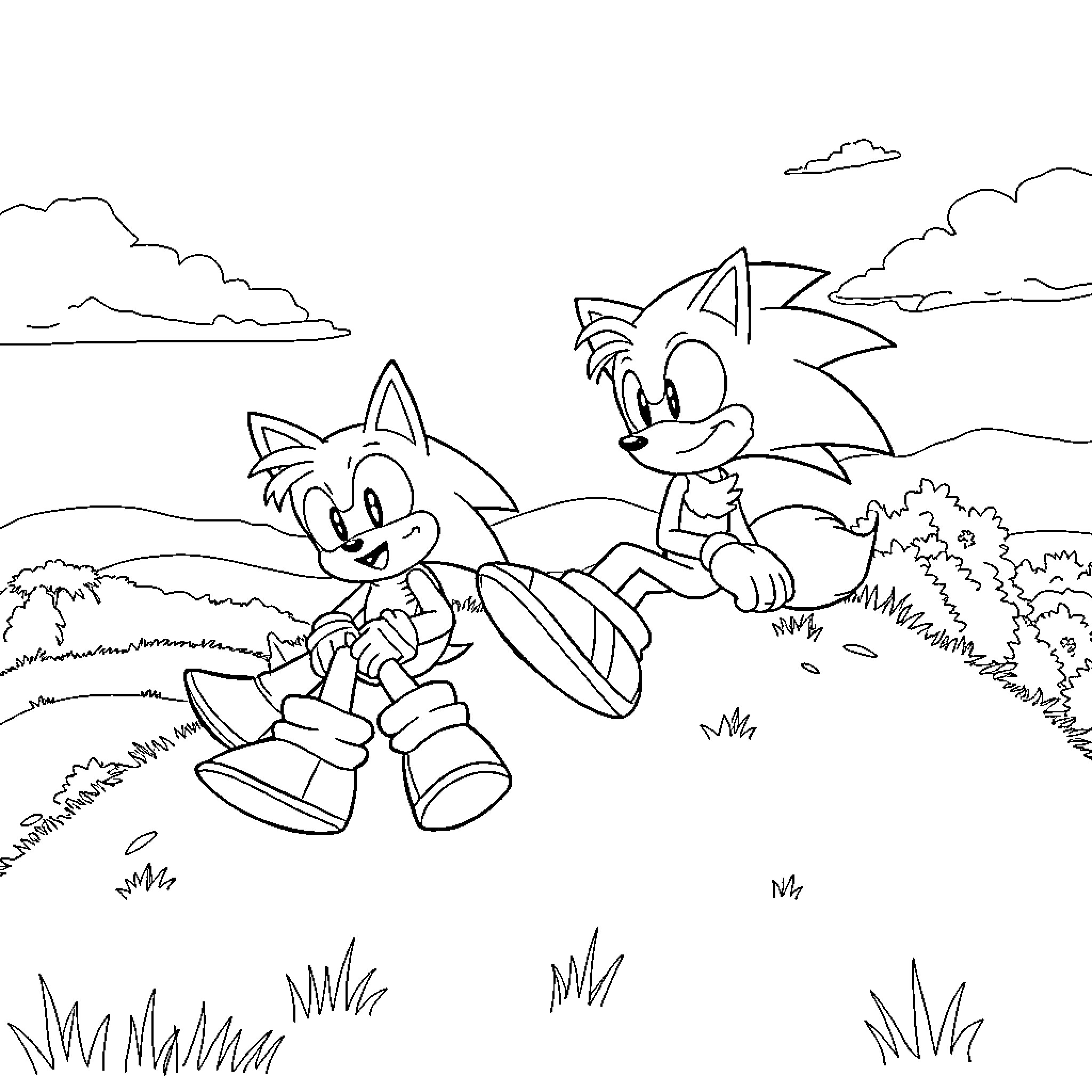 Sonic characters running through the countryside Coloring Page (free black-and-white line drawing printable PDF for all, from beginners to advanced learners, including children, teens, adults, and seniors)