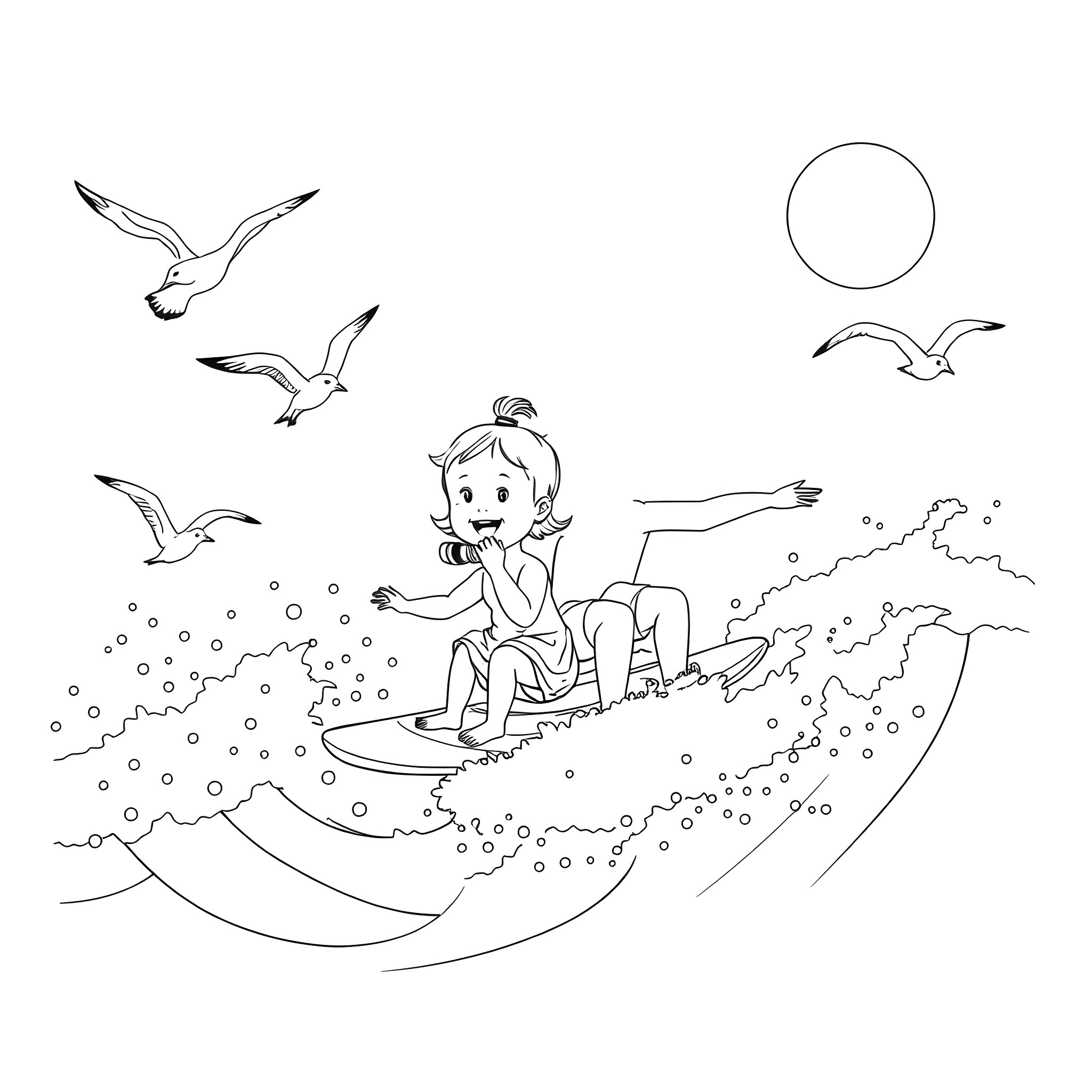 Sibling companions enjoying a surf adventure Coloring Page (free black-and-white line drawing printable PDF for all, from beginners to advanced learners, including children, teens, adults, and seniors)