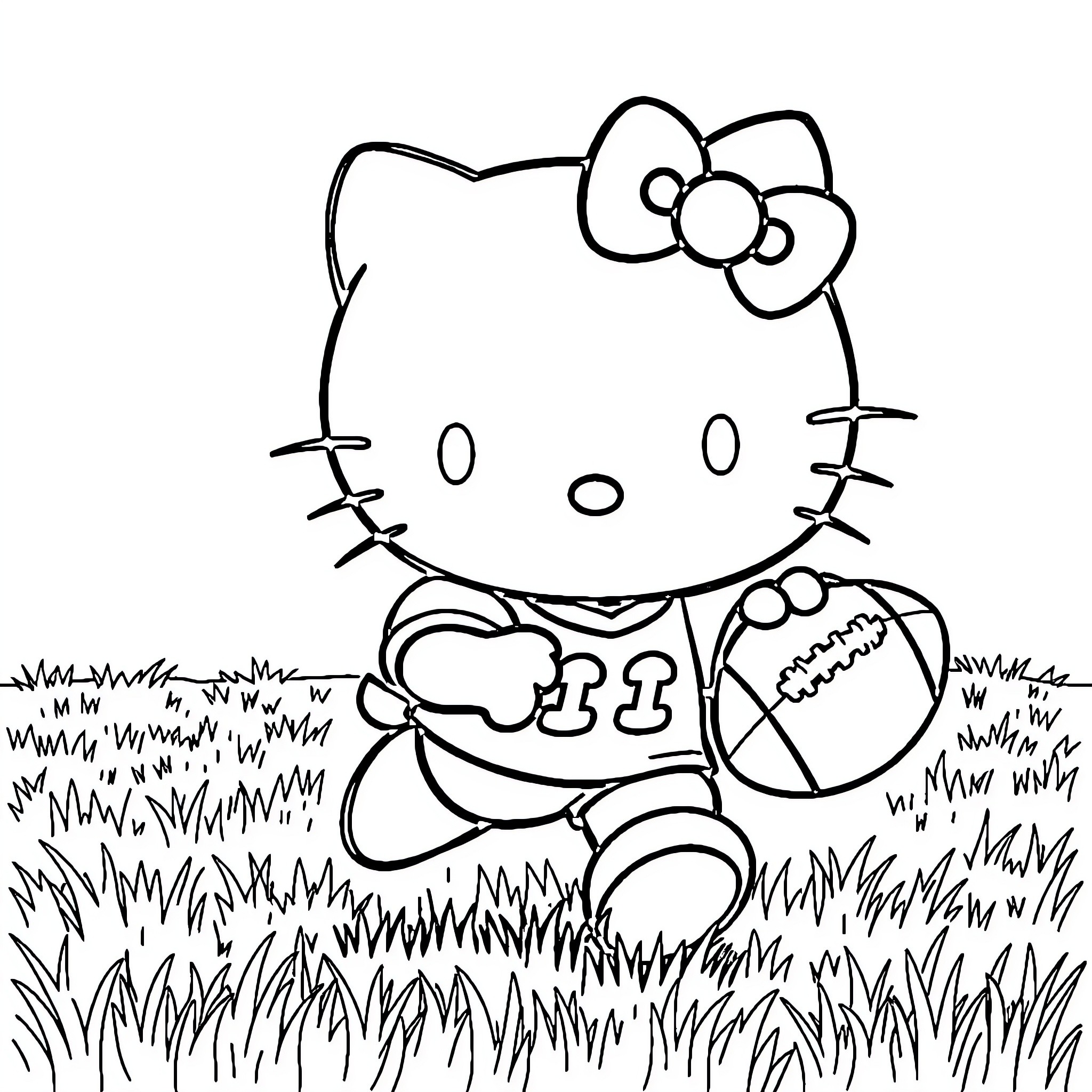 Hello Kitty Playing in the Grass Coloring Page (free black-and-white line drawing printable PDF for all, from beginners to advanced learners, including children, teens, adults, and seniors)