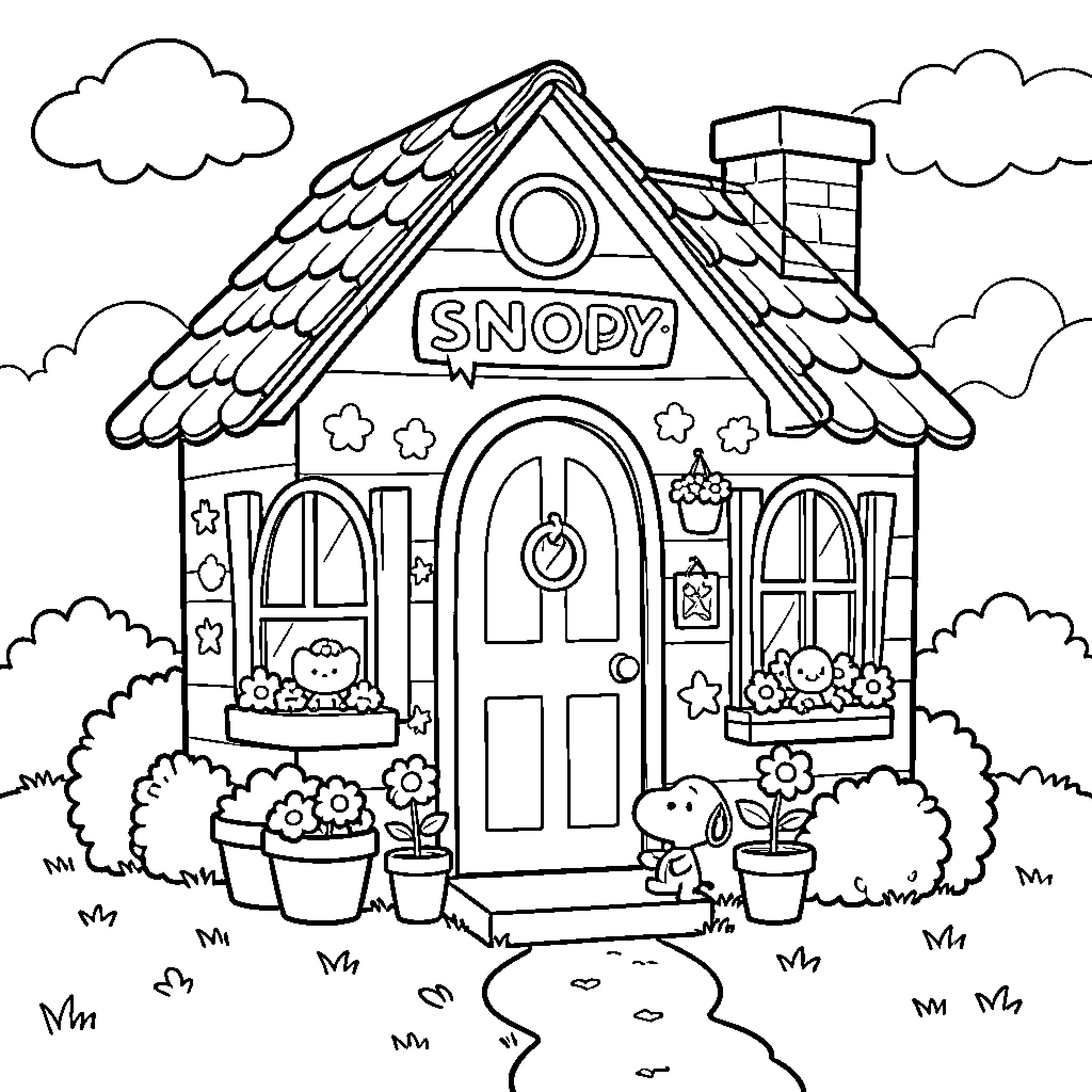 Snoopy's Cozy Cottage with Whimsical Decor Coloring Page (free black-and-white line drawing printable PDF for all, from beginners to advanced learners, including children, teens, adults, and seniors)