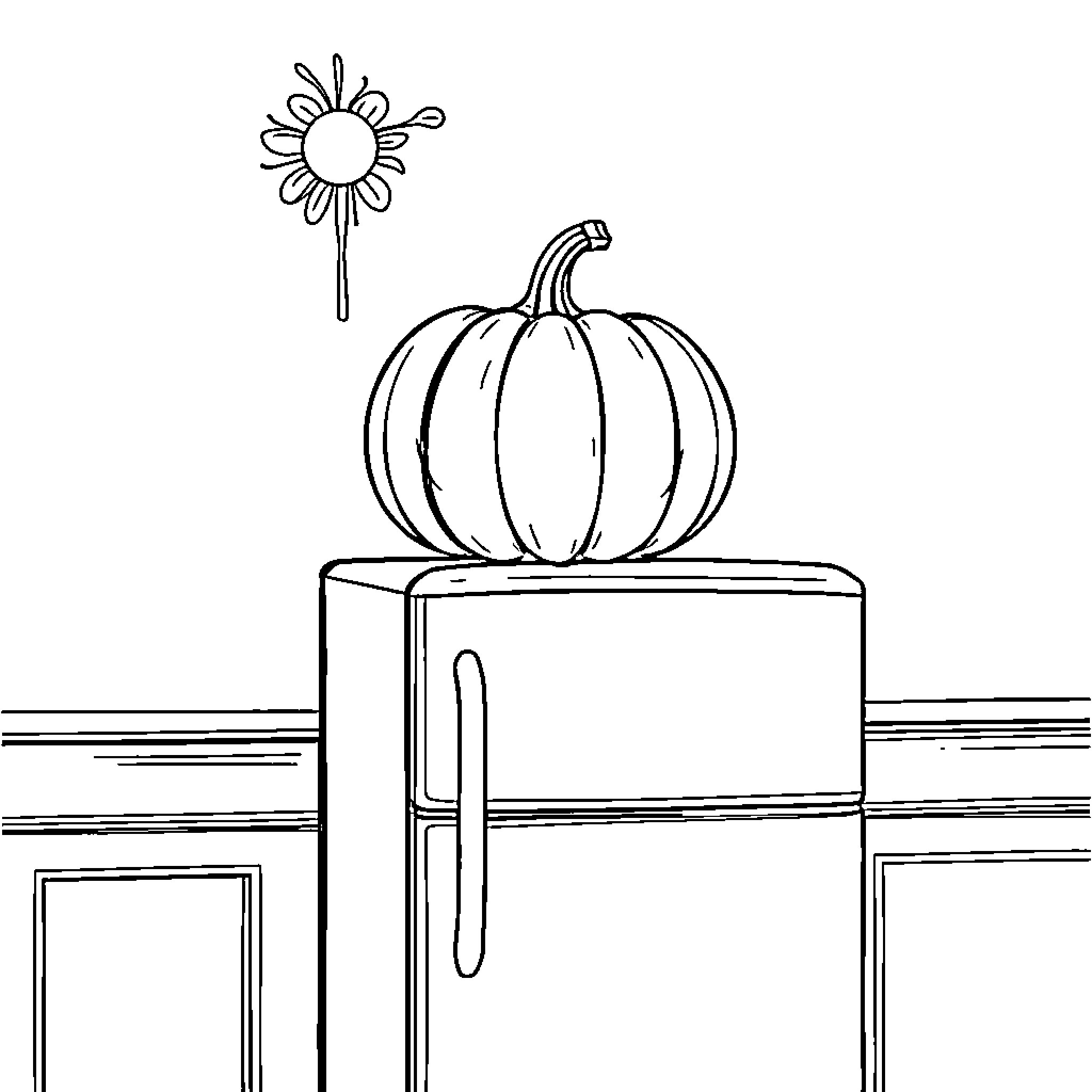 Pumpkin on top of refrigerator with flower Coloring Page (free black-and-white line drawing printable PDF for all, from beginners to advanced learners, including children, teens, adults, and seniors)