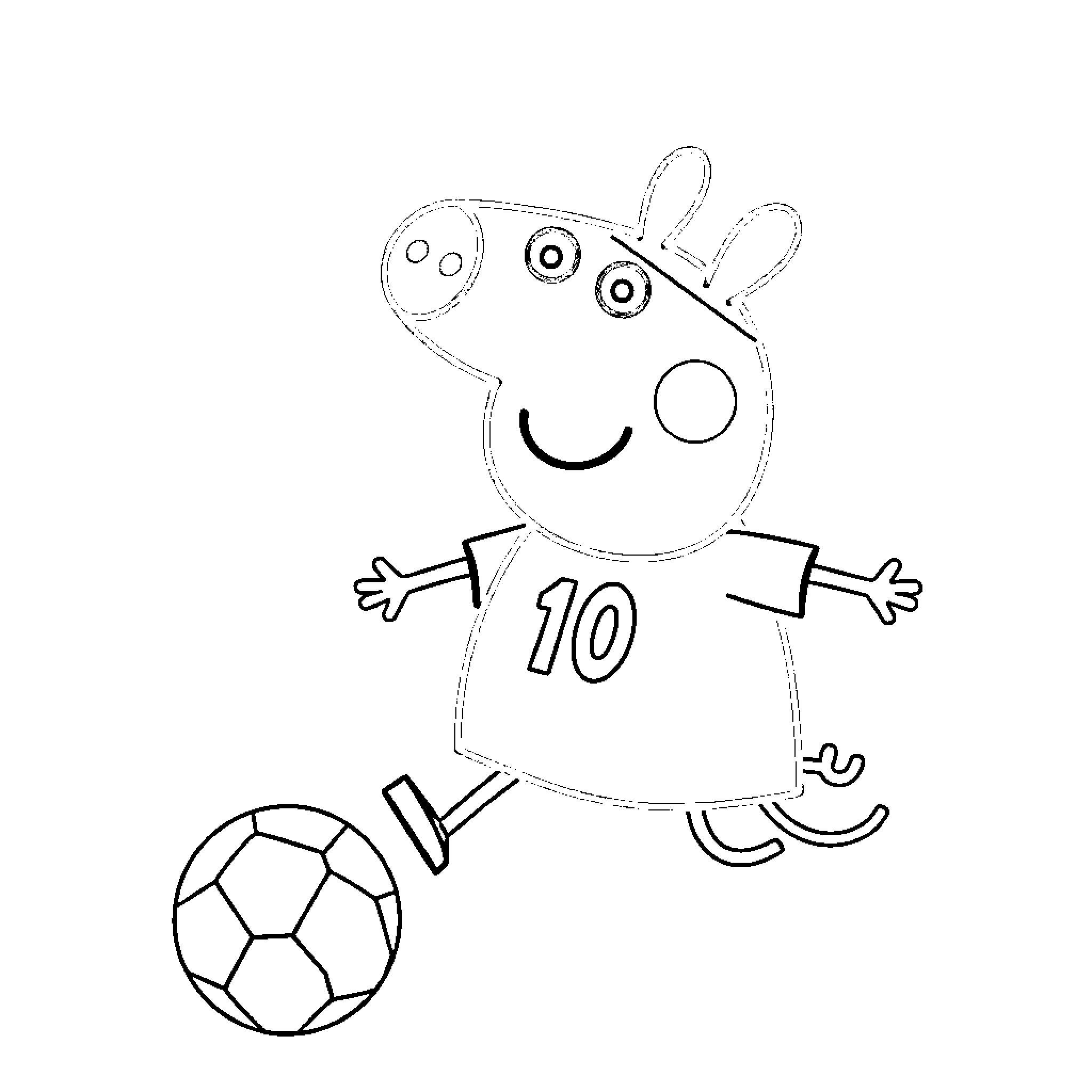 Pepa Pig playing soccer happily Coloring Page (free black-and-white line drawing printable PDF for all, from beginners to advanced learners, including children, teens, adults, and seniors)