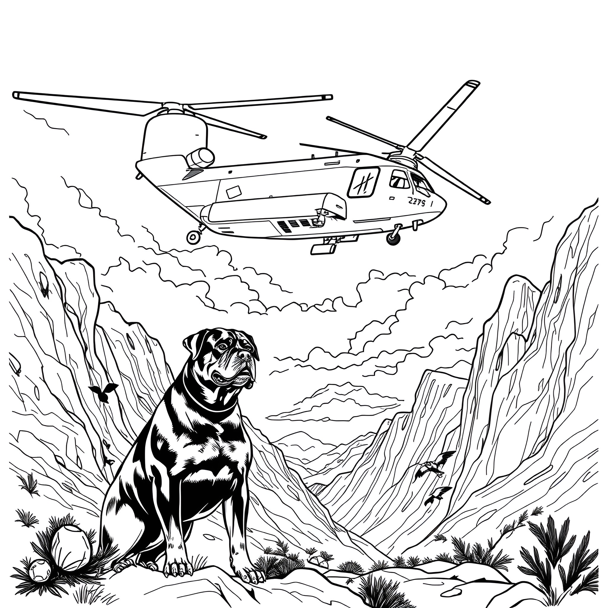 MH-47G Helicopter Soaring Over Rugged Landscape with Canine Companion Coloring Page (free black-and-white line drawing printable PDF for all, from beginners to advanced learners, including children, teens, adults, and seniors)