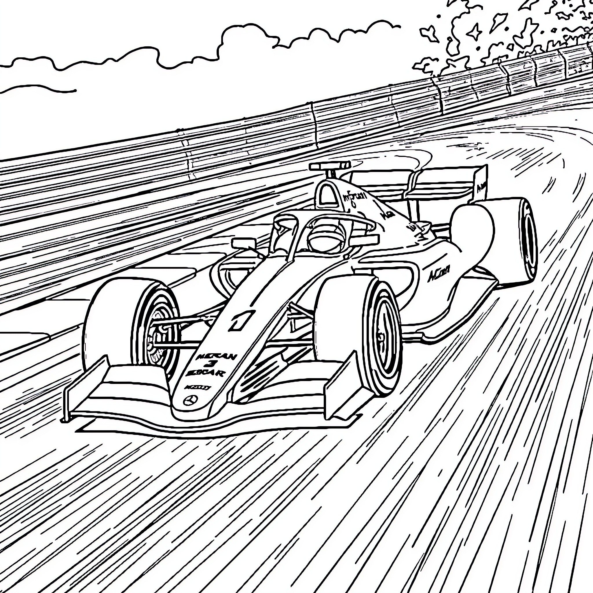 Formula 1 Race Car Speeding on the Track Coloring Page (free black-and-white line drawing printable PDF for all, from beginners to advanced learners, including children, teens, adults, and seniors)