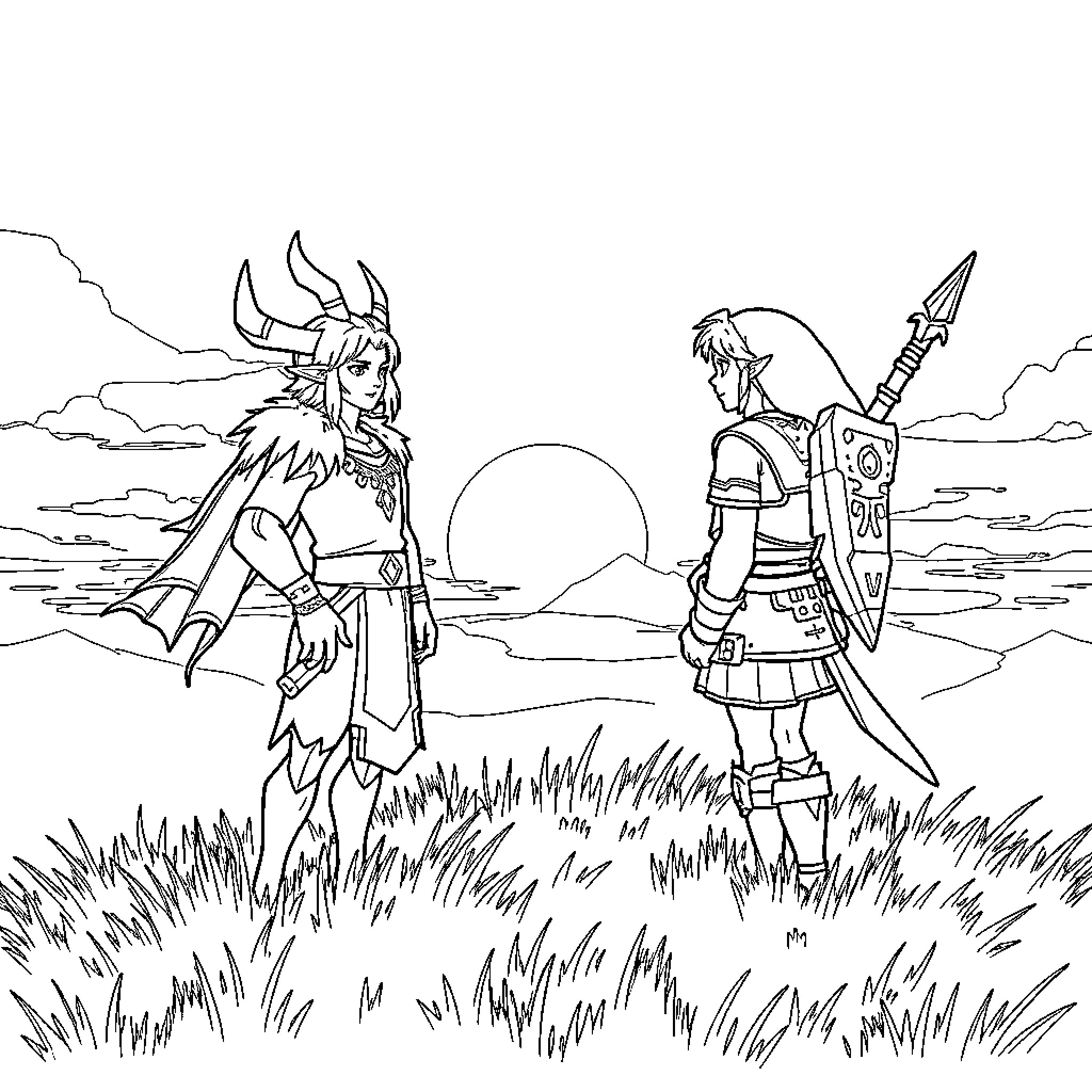 Zagreus: Two warriors face off in a verdant field Coloring Page (free black-and-white line drawing printable PDF for all, from beginners to advanced learners, including children, teens, adults, and seniors)
