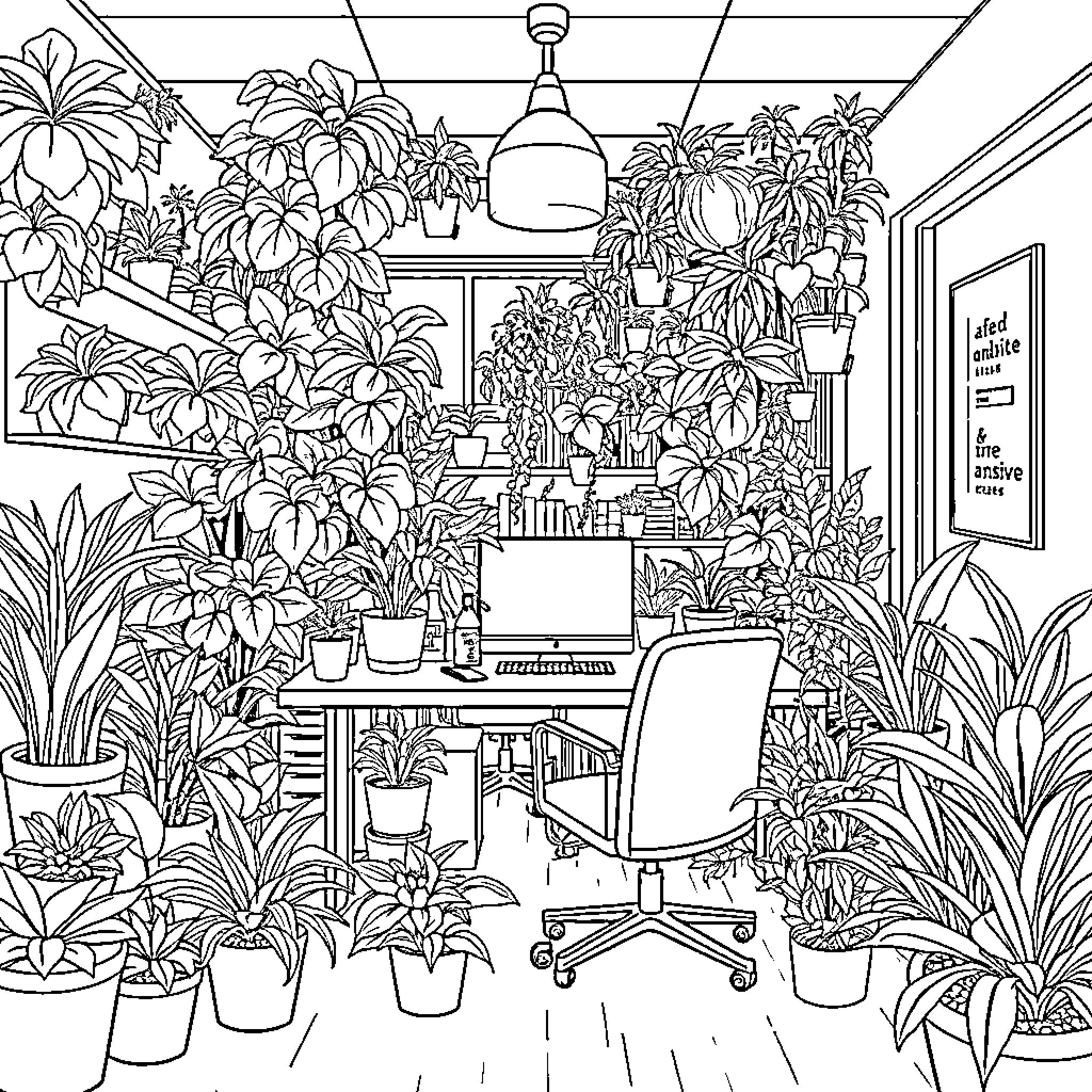 Plant-filled indoor workspace with desk and office chair Coloring Page (free black-and-white line drawing printable PDF for all, from beginners to advanced learners, including children, teens, adults, and seniors)