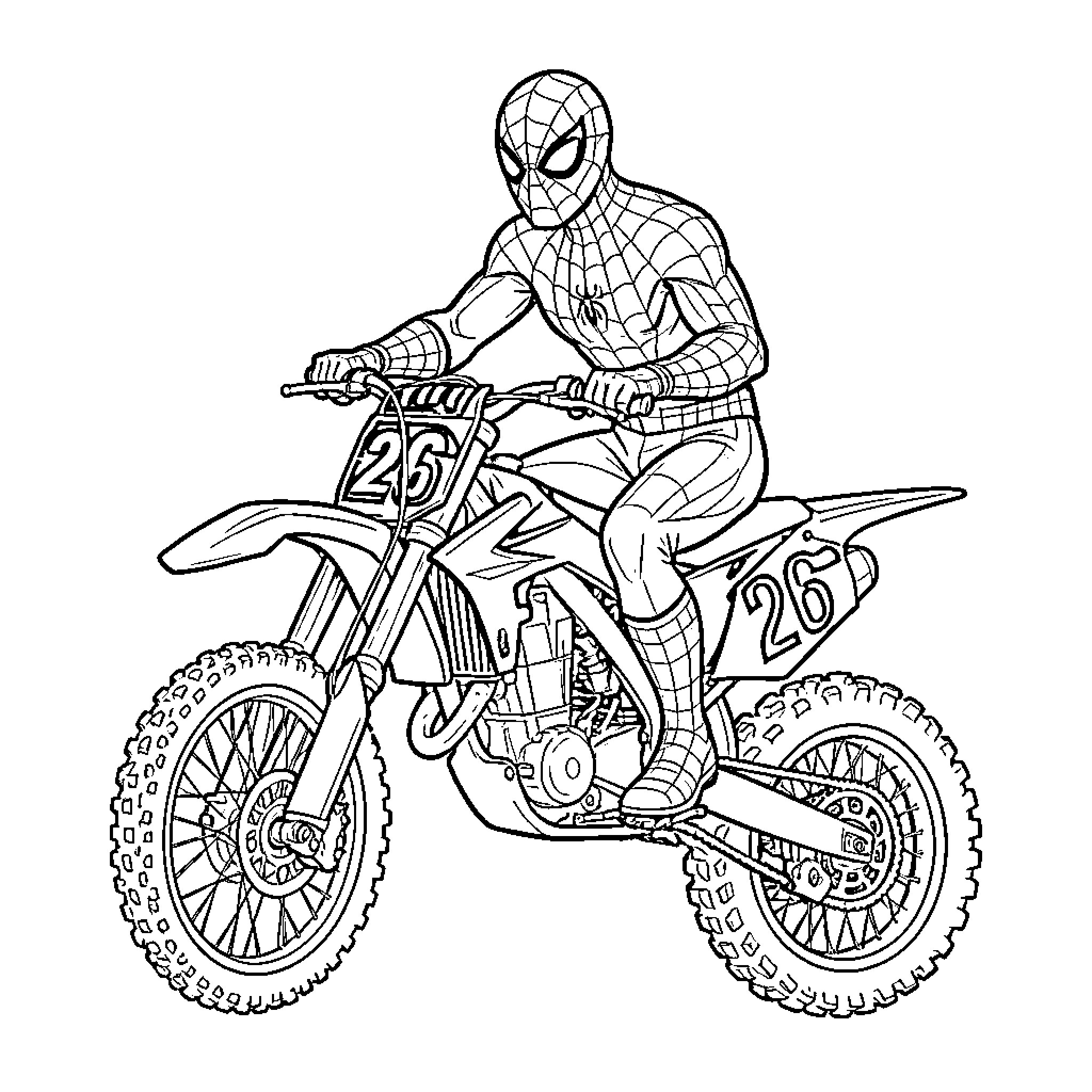 Spiderman riding a dirt bike with determination Coloring Page (free black-and-white line drawing printable PDF for all, from beginners to advanced learners, including children, teens, adults, and seniors)