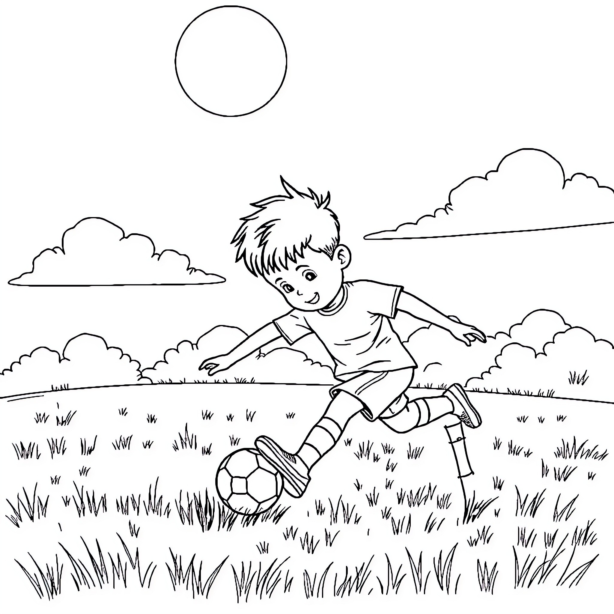 Boy playing soccer in the park Coloring Page (free black-and-white line drawing printable PDF for all, from beginners to advanced learners, including children, teens, adults, and seniors)