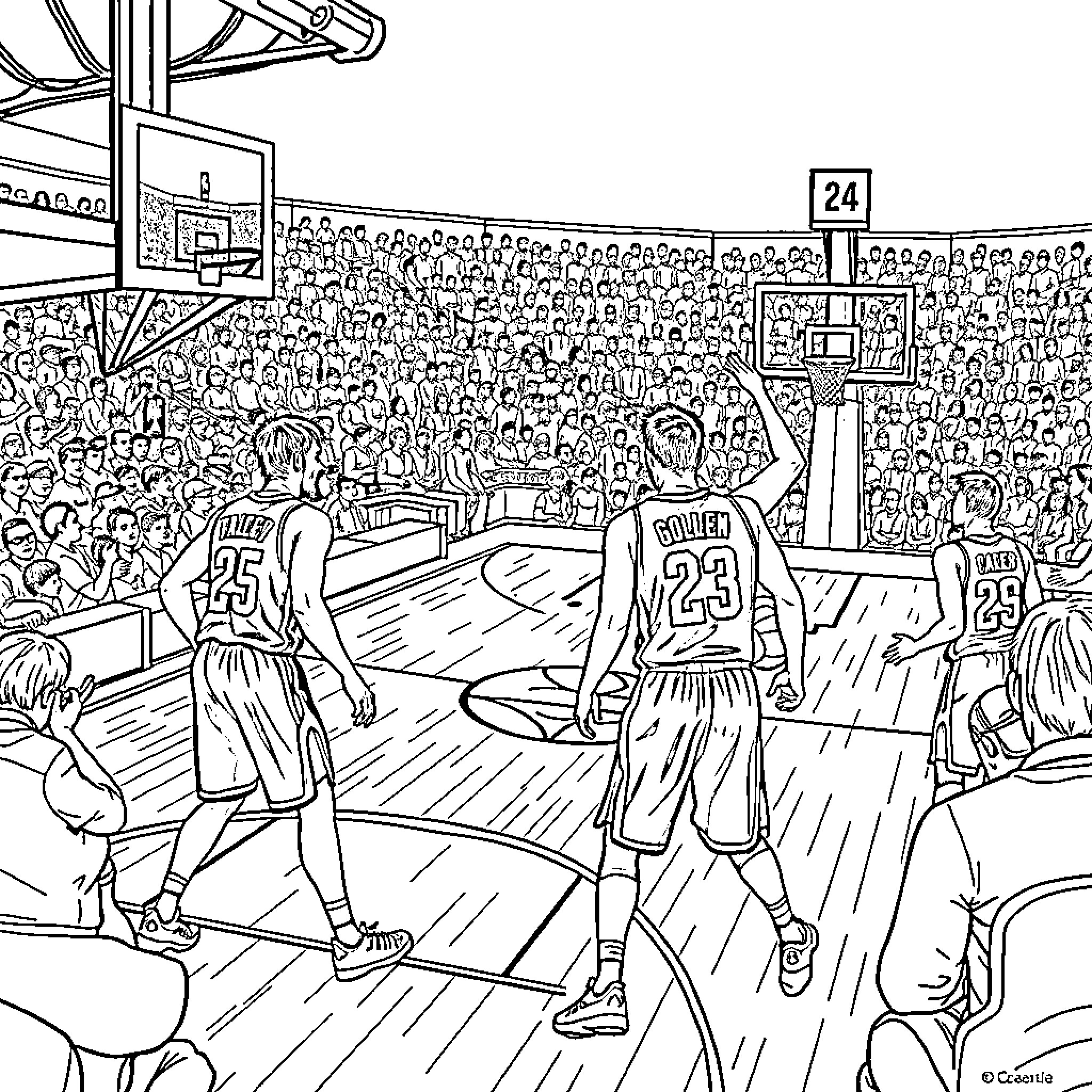 Indiana Pacers basketball players in action on the court Coloring Page (free black-and-white line drawing printable PDF for all, from beginners to advanced learners, including children, teens, adults, and seniors)