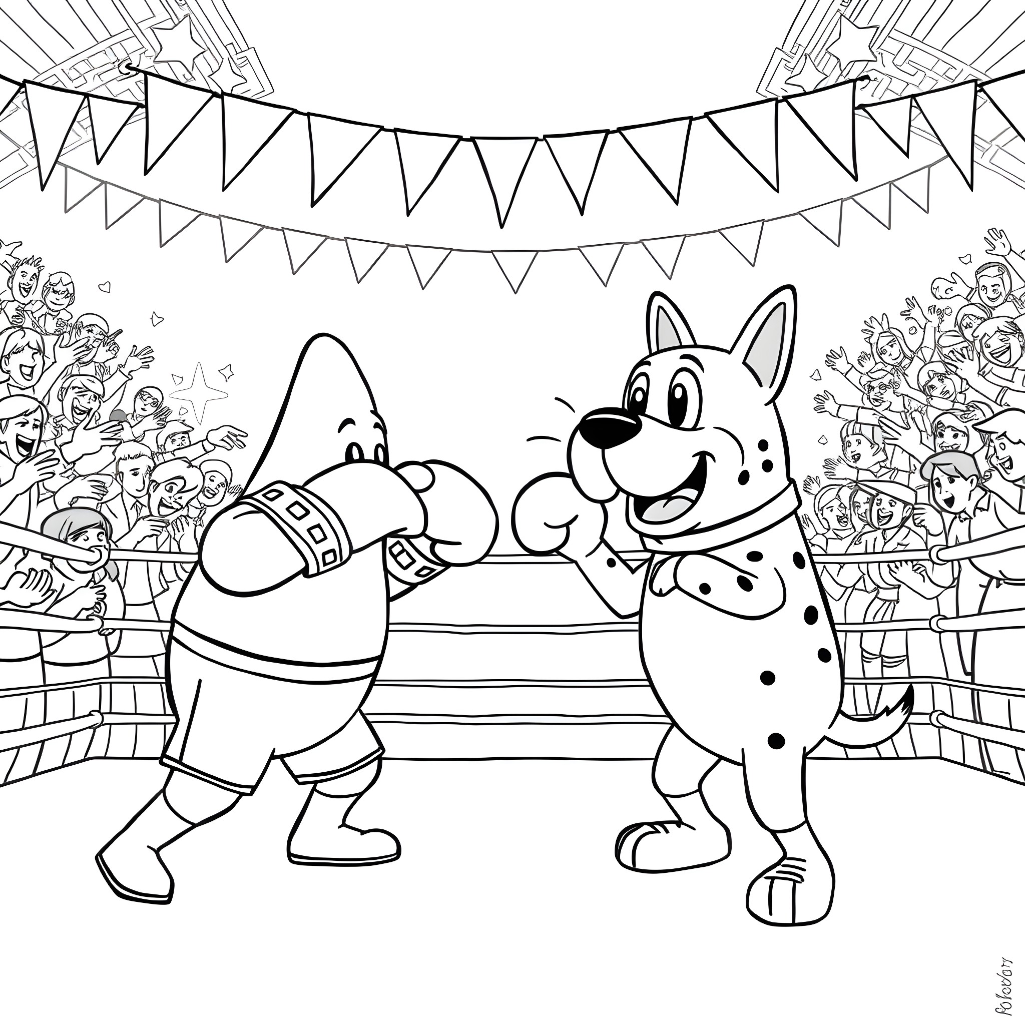 Patrick Star and his pet dog playing at a carnival Coloring Page (free black-and-white line drawing printable PDF for all, from beginners to advanced learners, including children, teens, adults, and seniors)