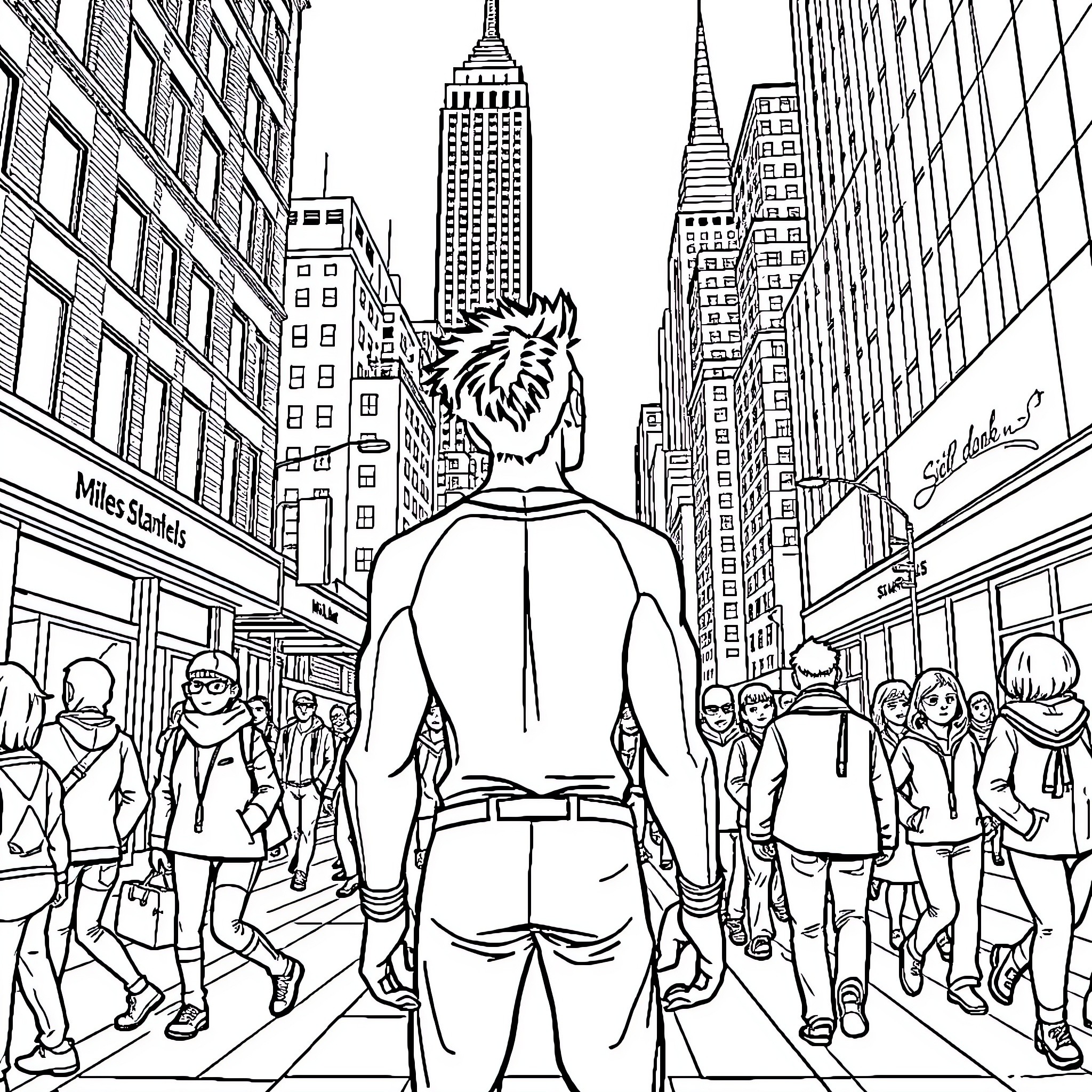 Miles Morales explores the bustling city streets Coloring Page (free black-and-white line drawing printable PDF for all, from beginners to advanced learners, including children, teens, adults, and seniors)