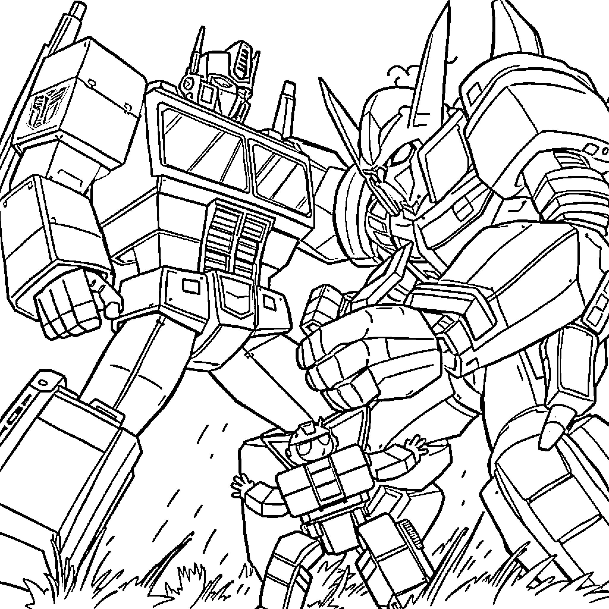Optimus Prime in an epic battle scene Coloring Page (free black-and-white line drawing printable PDF for all, from beginners to advanced learners, including children, teens, adults, and seniors)
