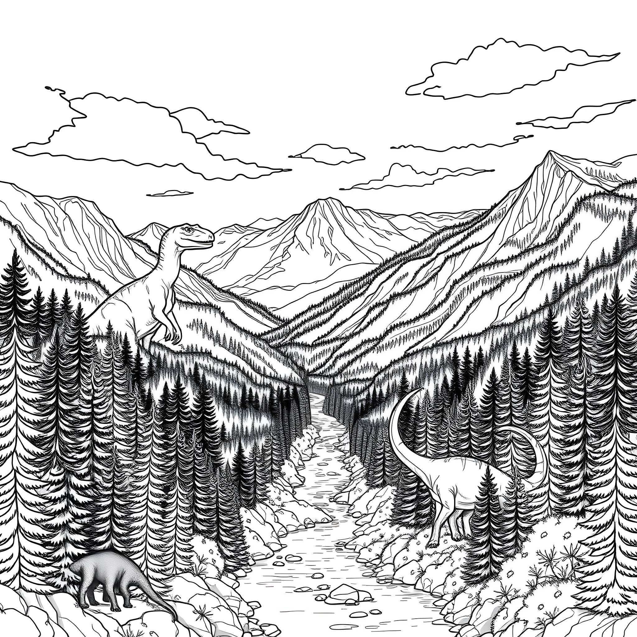 Jurassic Park: Dinosaurs in the Wild Landscape Coloring Page (free black-and-white line drawing printable PDF for all, from beginners to advanced learners, including children, teens, adults, and seniors)