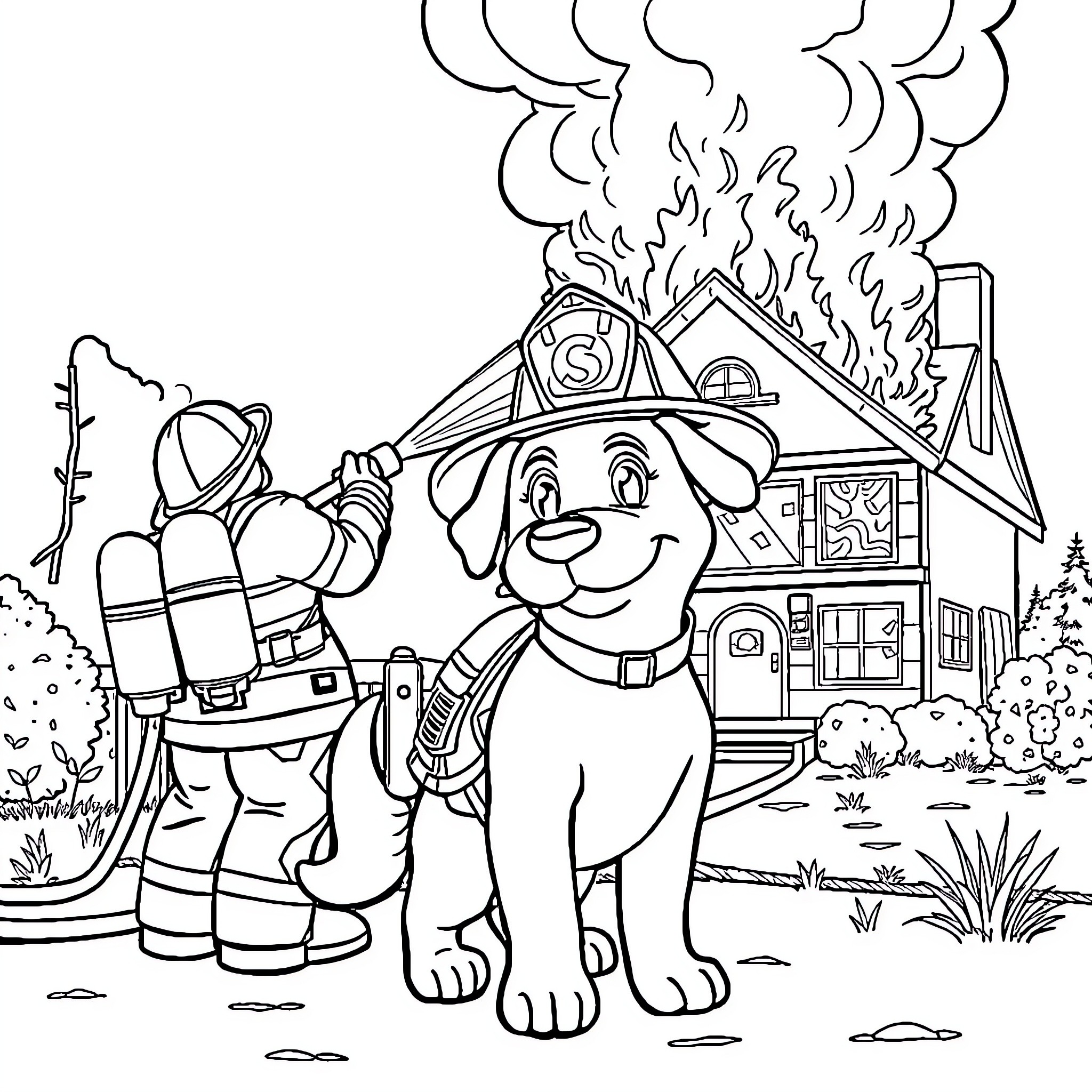Dog firefighter rescuing pet from burning building Coloring Page (free black-and-white line drawing printable PDF for all, from beginners to advanced learners, including children, teens, adults, and seniors)
