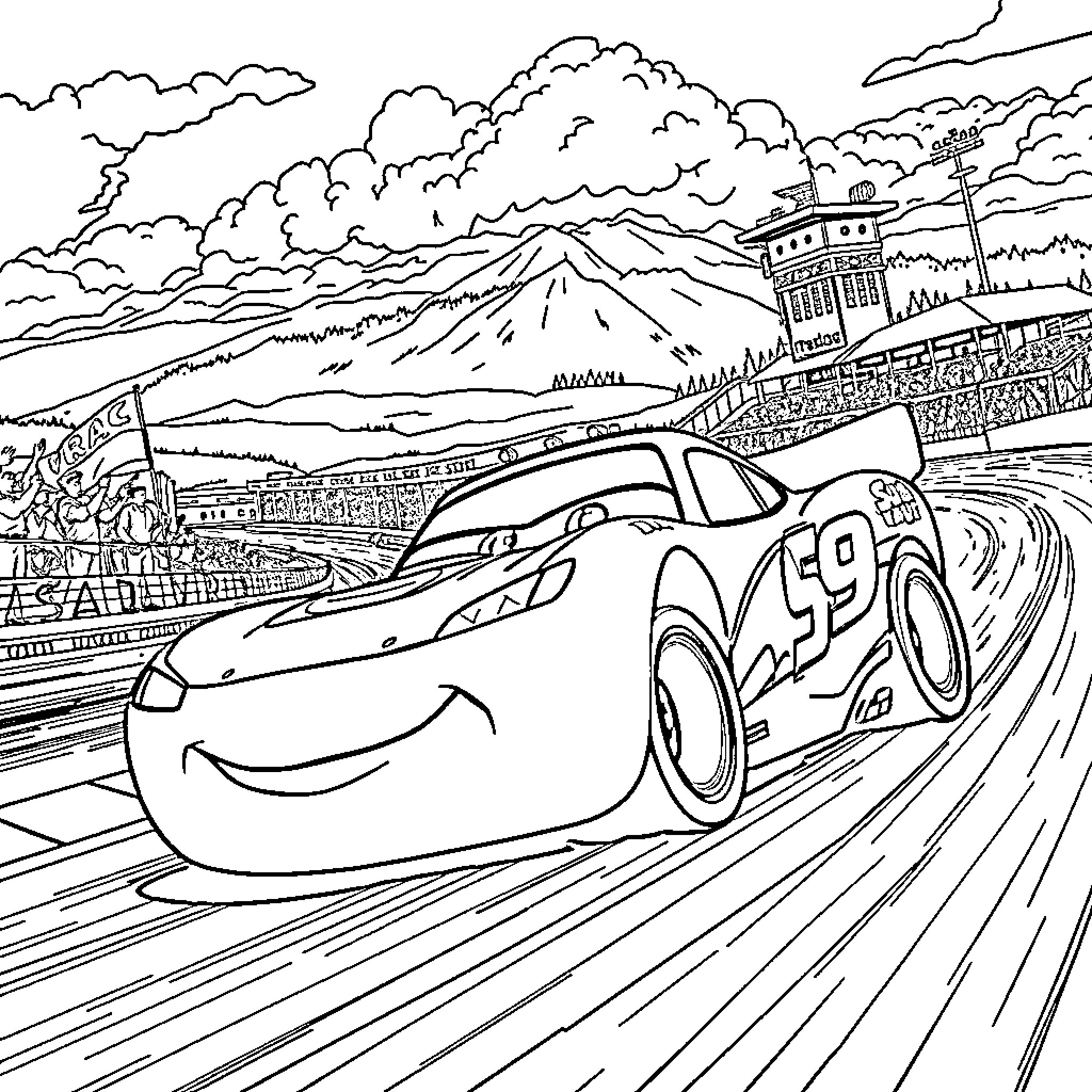 Lightning McQueen racing on a mountain road Coloring Page (free black-and-white line drawing printable PDF for all, from beginners to advanced learners, including children, teens, adults, and seniors)