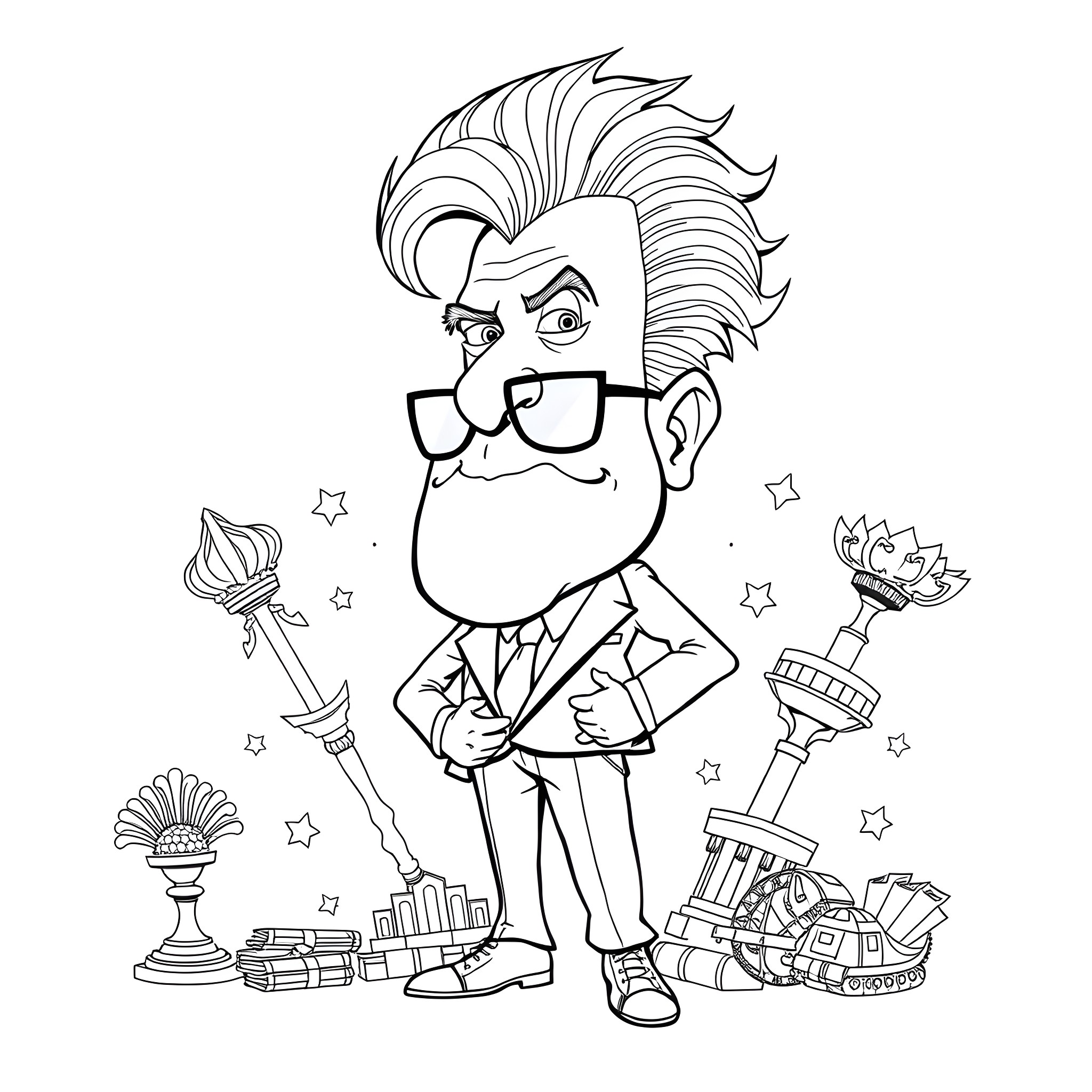 Trump's Whimsical Appearance with Quirky Accessories Coloring Page (free black-and-white line drawing printable PDF for all, from beginners to advanced learners, including children, teens, adults, and seniors)