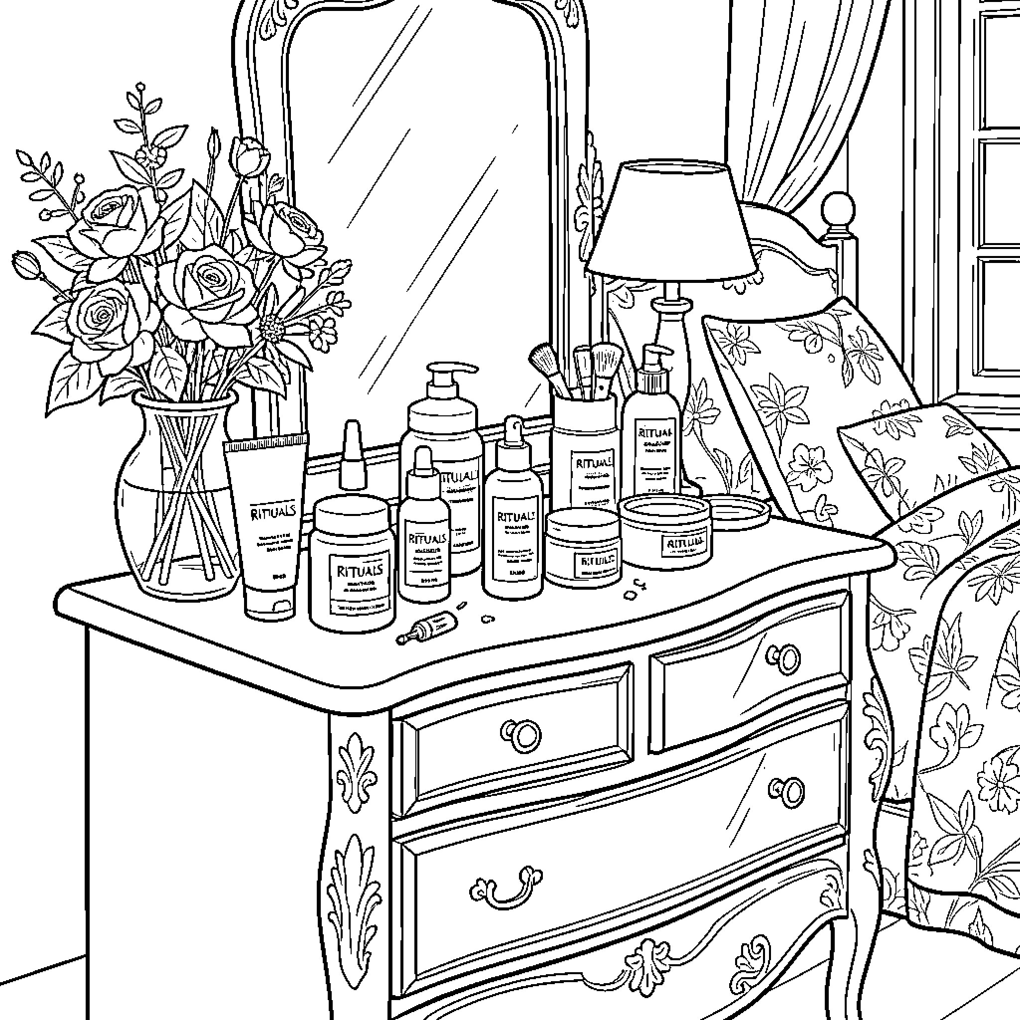 Beauty Products arranged on a vanity beside flowers Coloring Page (free black-and-white line drawing printable PDF for all, from beginners to advanced learners, including children, teens, adults, and seniors)