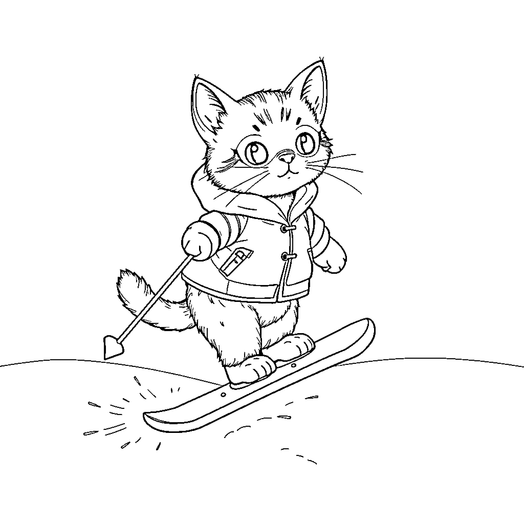 Cat snowboarding on the slopes Coloring Page (free black-and-white line drawing printable PDF for all, from beginners to advanced learners, including children, teens, adults, and seniors)