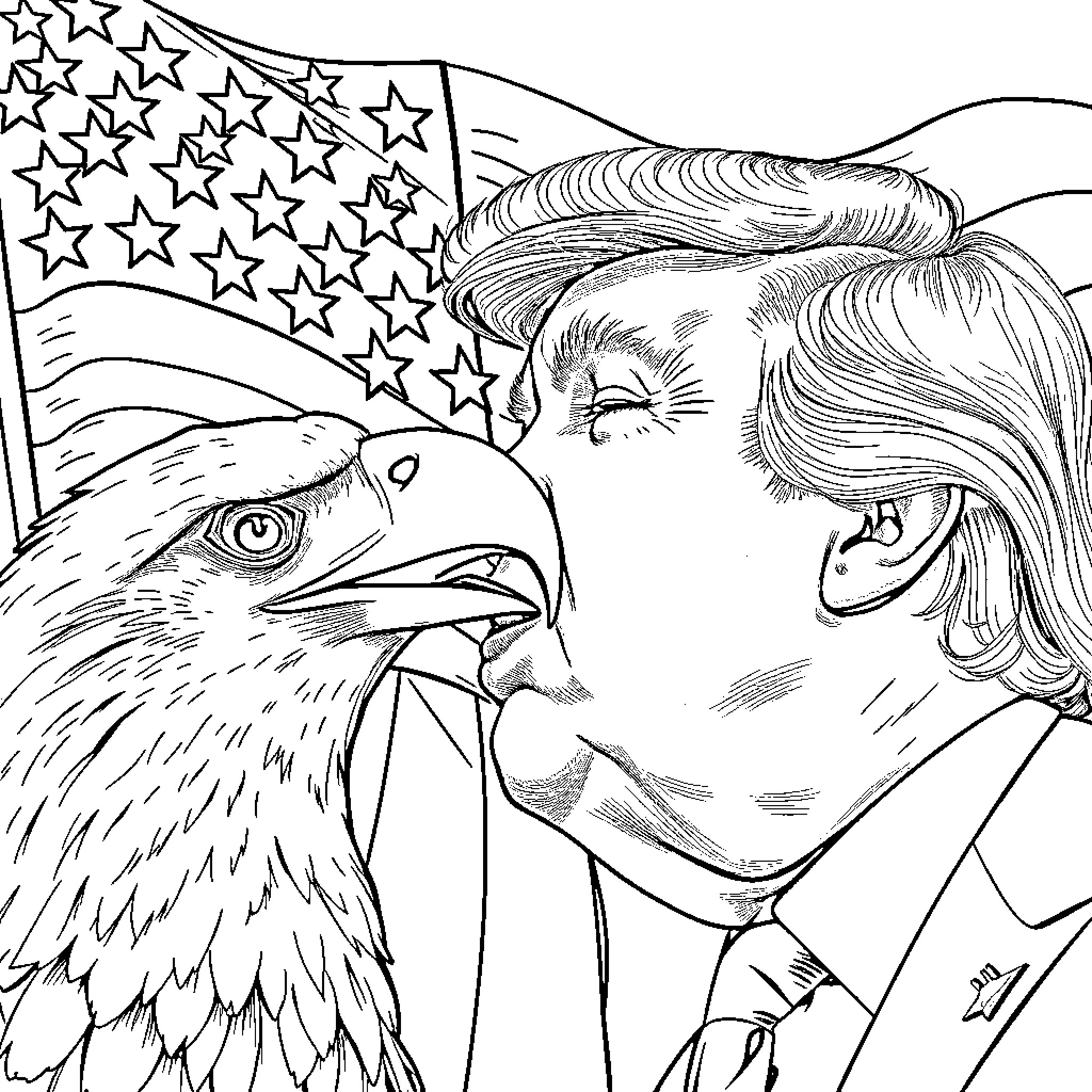 Donald Trump and the Bald Eagle Coloring Page (free black-and-white line drawing printable PDF for all, from beginners to advanced learners, including children, teens, adults, and seniors)