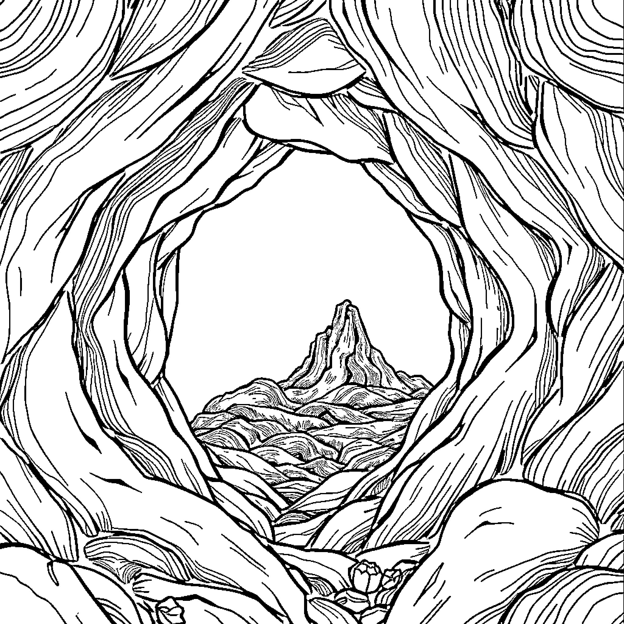 Dessin of a mountainous landscape within a cave-like opening Coloring Page (free black-and-white line drawing printable PDF for all, from beginners to advanced learners, including children, teens, adults, and seniors)
