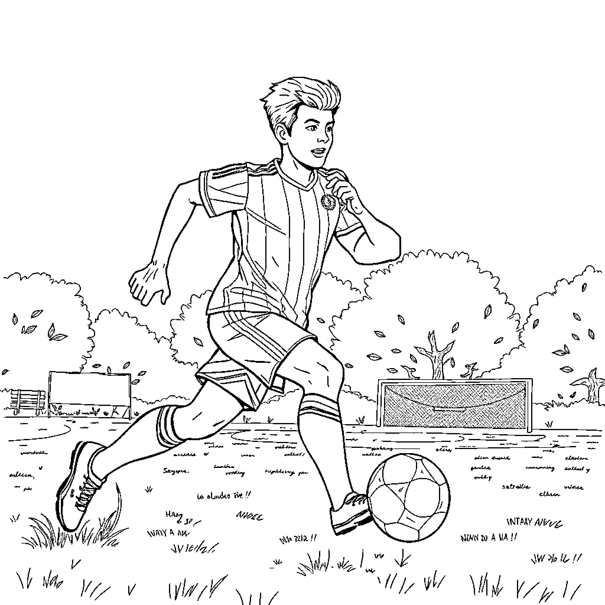 Vegeta playing soccer in a grassy outdoor scene Coloring Page (free black-and-white line drawing printable PDF for all, from beginners to advanced learners, including children, teens, adults, and seniors)