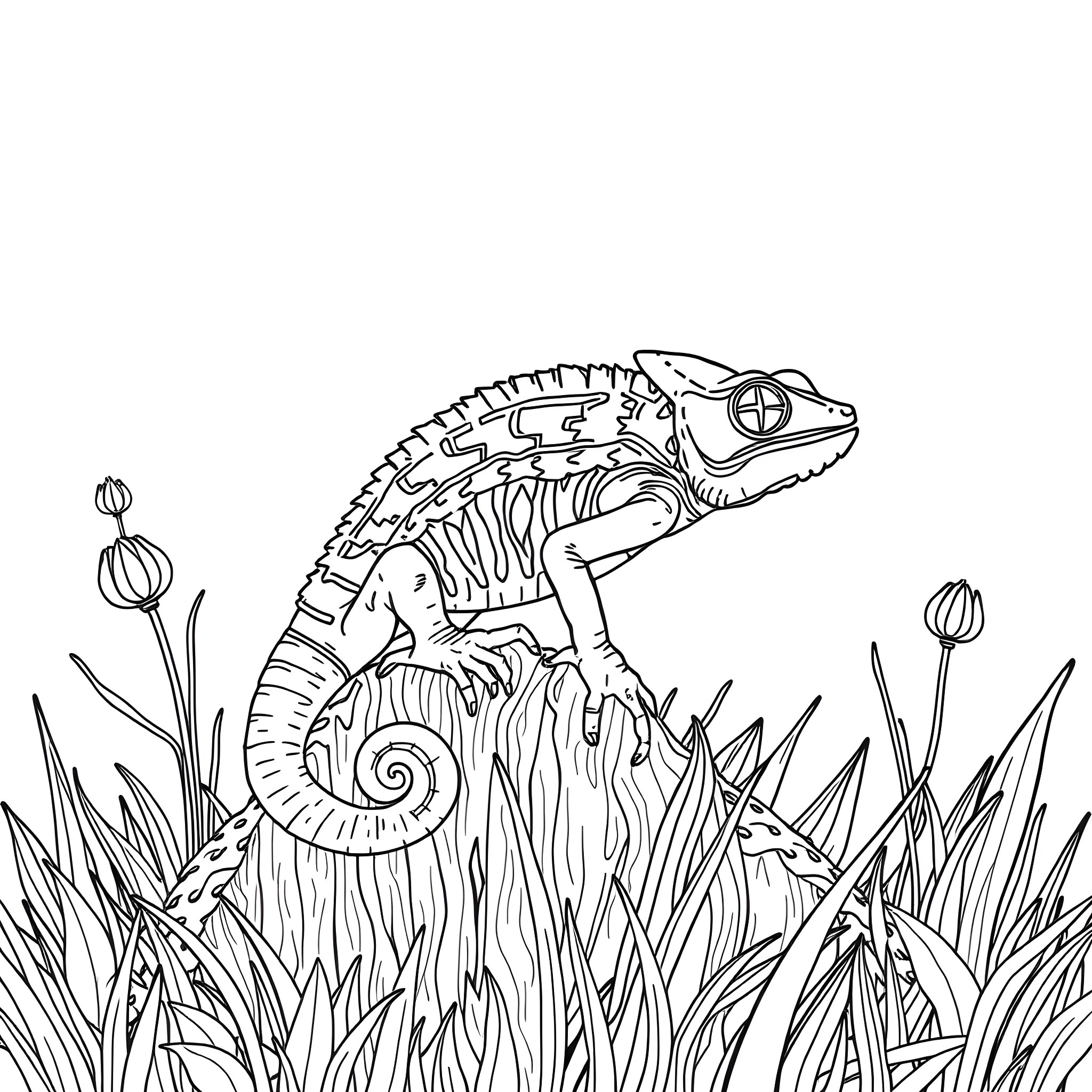 Chameleon exploring the lush vegetation Coloring Page (free black-and-white line drawing printable PDF for all, from beginners to advanced learners, including children, teens, adults, and seniors)