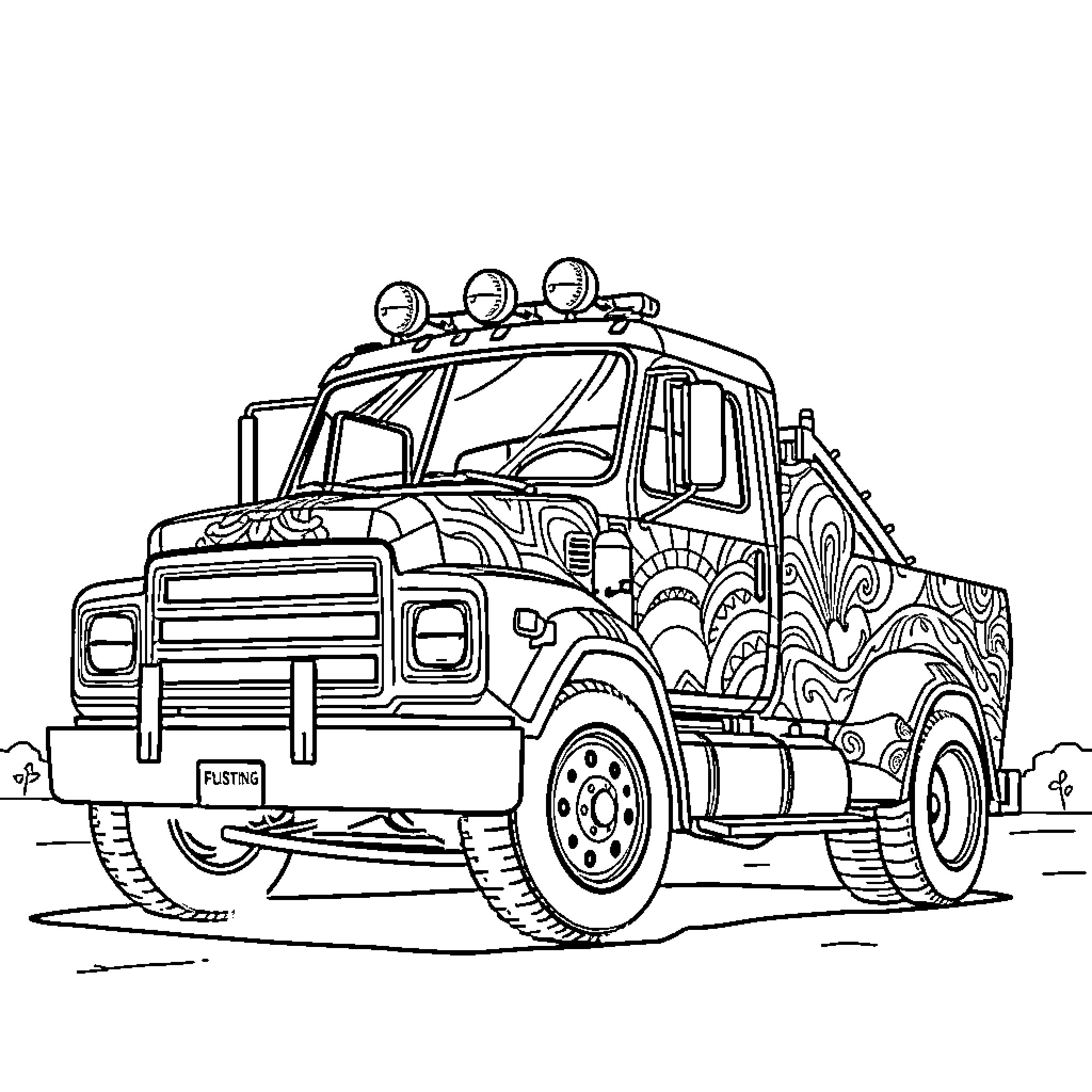 Truck with vibrant decorative patterns Coloring Page (free black-and-white line drawing printable PDF for all, from beginners to advanced learners, including children, teens, adults, and seniors)