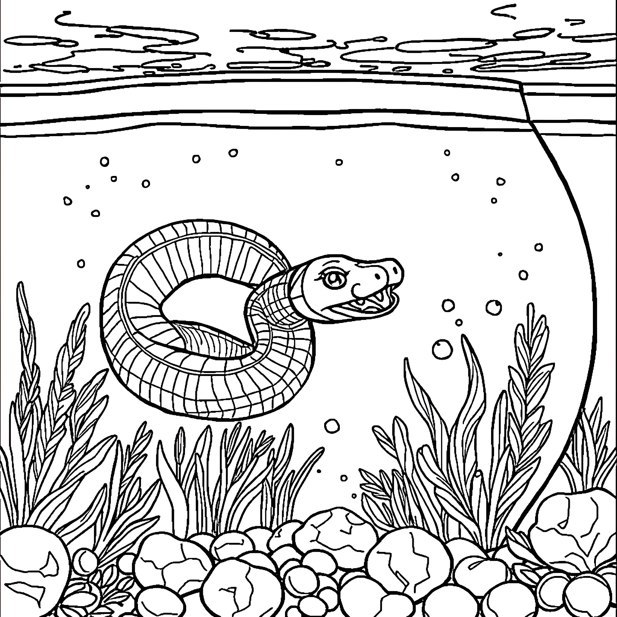 Snake swimming in the underwater landscape Coloring Page (free black-and-white line drawing printable PDF for all, from beginners to advanced learners, including children, teens, adults, and seniors)