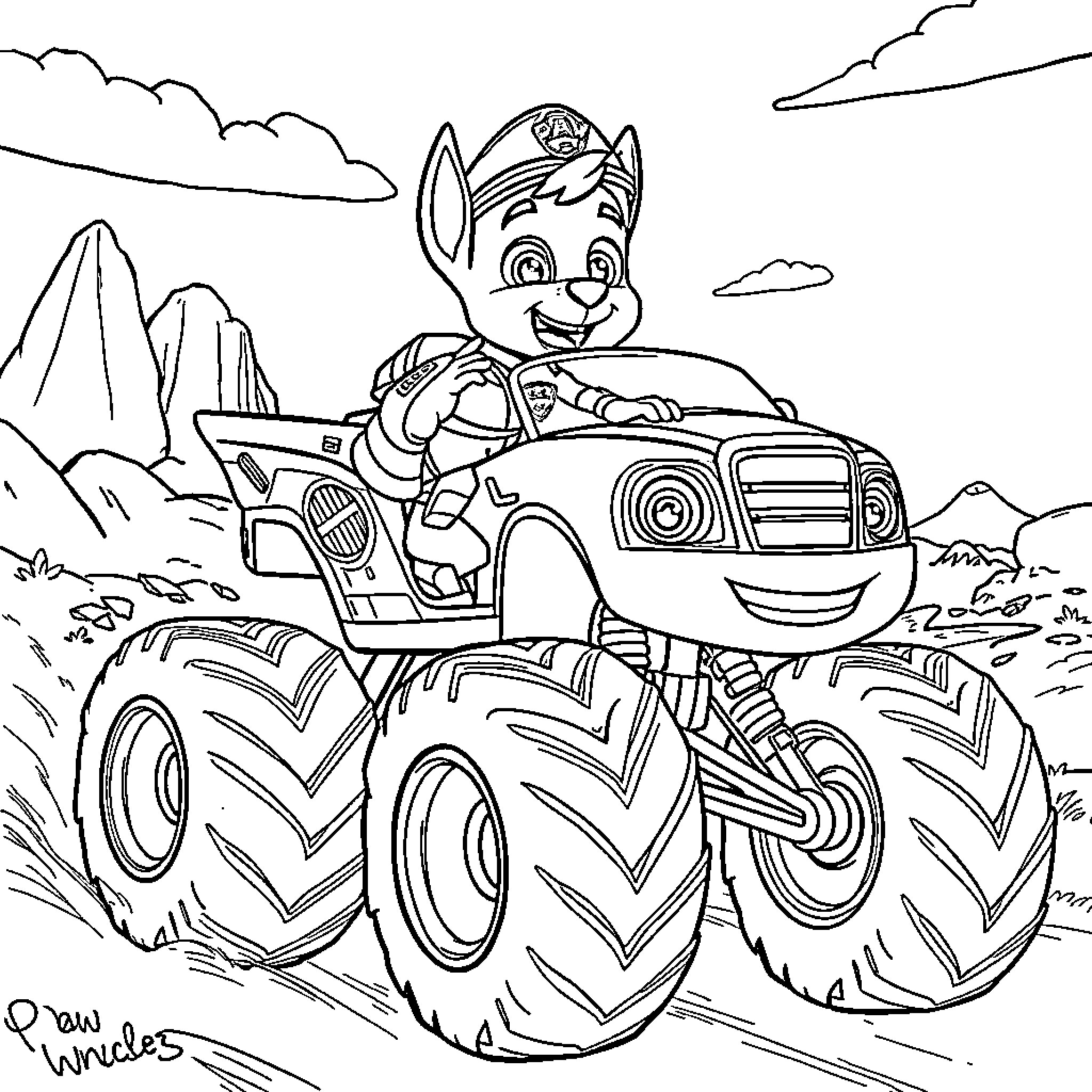 Chase through the Rugged Landscape in Monster Truck Coloring Page (free black-and-white line drawing printable PDF for all, from beginners to advanced learners, including children, teens, adults, and seniors)
