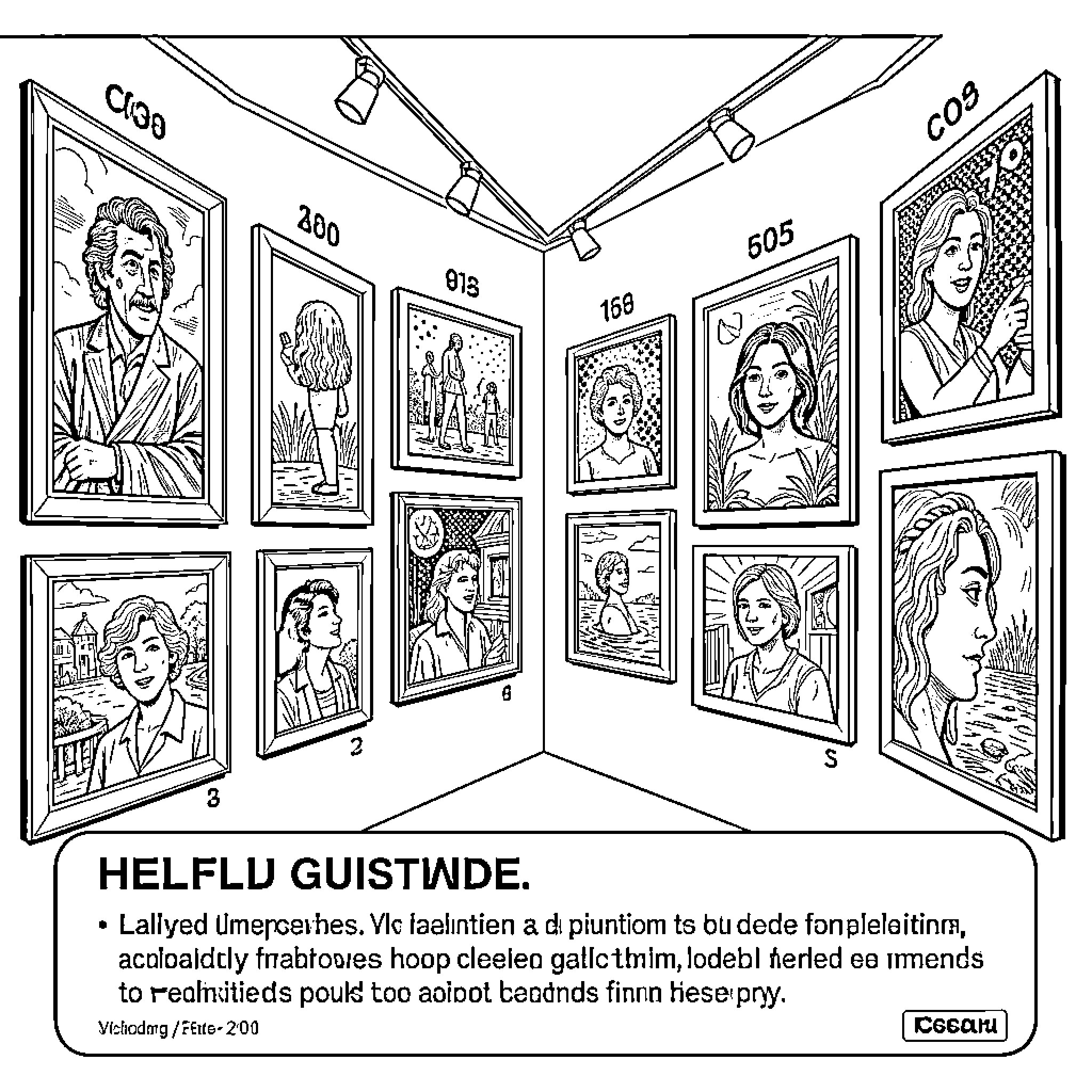 Painting of diverse portraits displayed in an art gallery Coloring Page (free black-and-white line drawing printable PDF for all, from beginners to advanced learners, including children, teens, adults, and seniors)