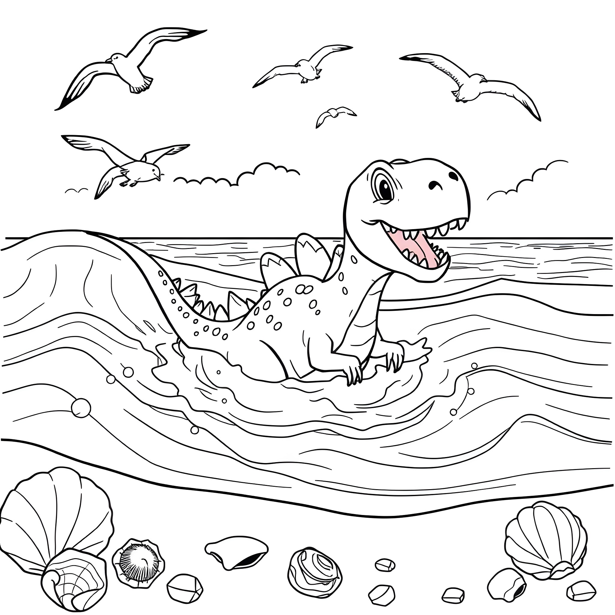 Dinosaur swimming in the ocean with seagulls flying above Coloring Page (free black-and-white line drawing printable PDF for all, from beginners to advanced learners, including children, teens, adults, and seniors)