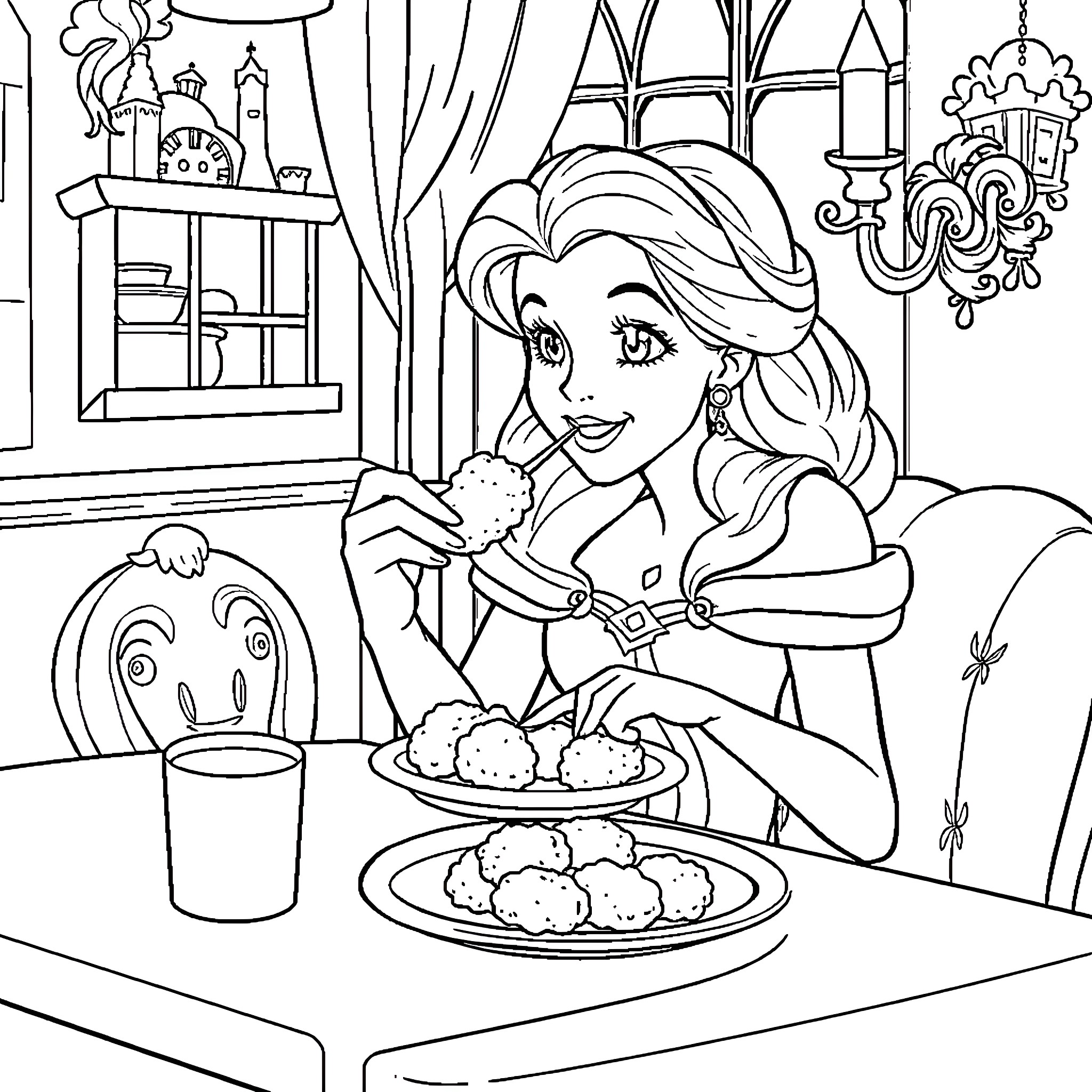 Belle Enjoying a Cozy Meal at Home Coloring Page (free black-and-white line drawing printable PDF for all, from beginners to advanced learners, including children, teens, adults, and seniors)