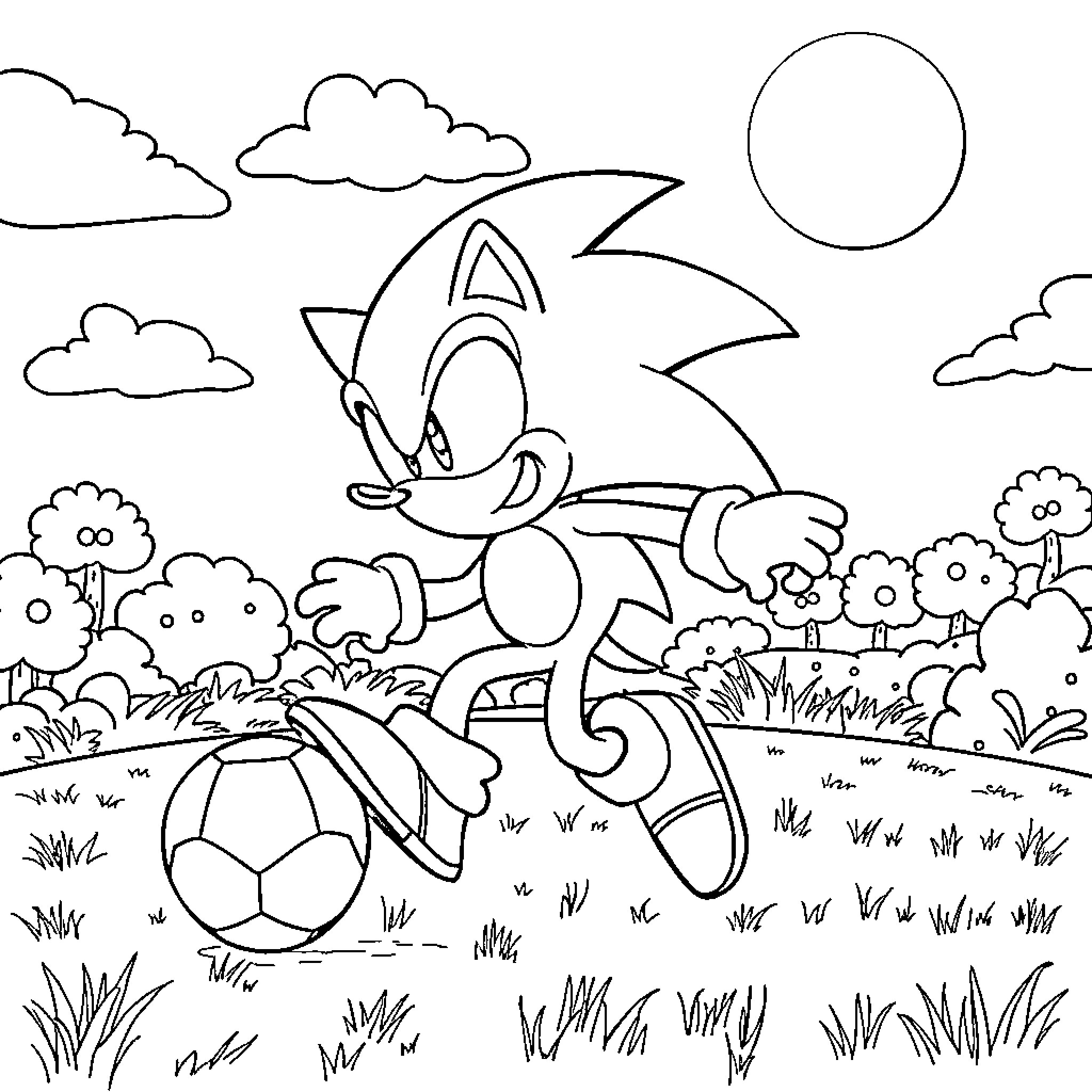 Sonic playing with a soccer ball in a scenic landscape Coloring Page (free black-and-white line drawing printable PDF for all, from beginners to advanced learners, including children, teens, adults, and seniors)