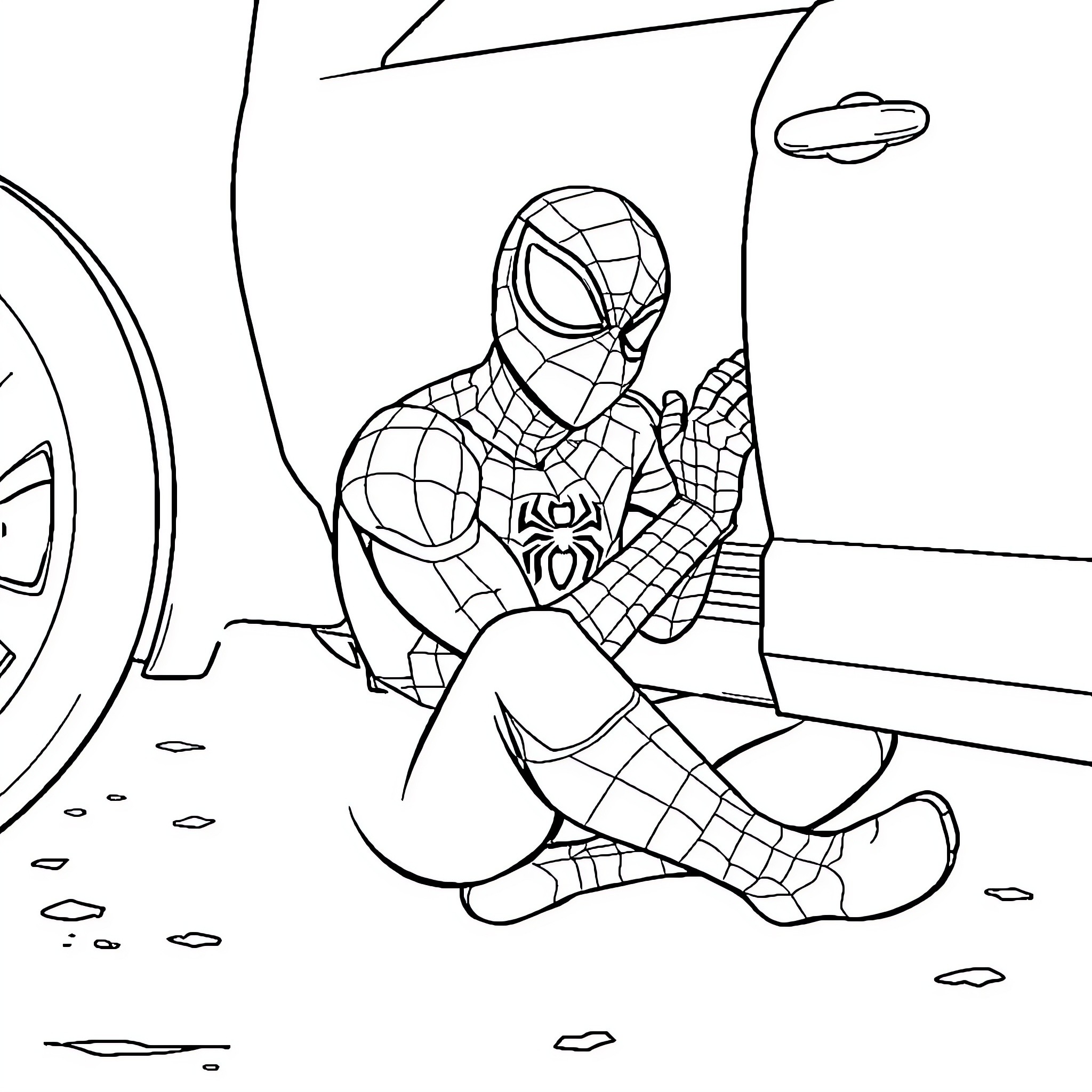 Spiderman crouching and ready for action Coloring Page (free black-and-white line drawing printable PDF for all, from beginners to advanced learners, including children, teens, adults, and seniors)