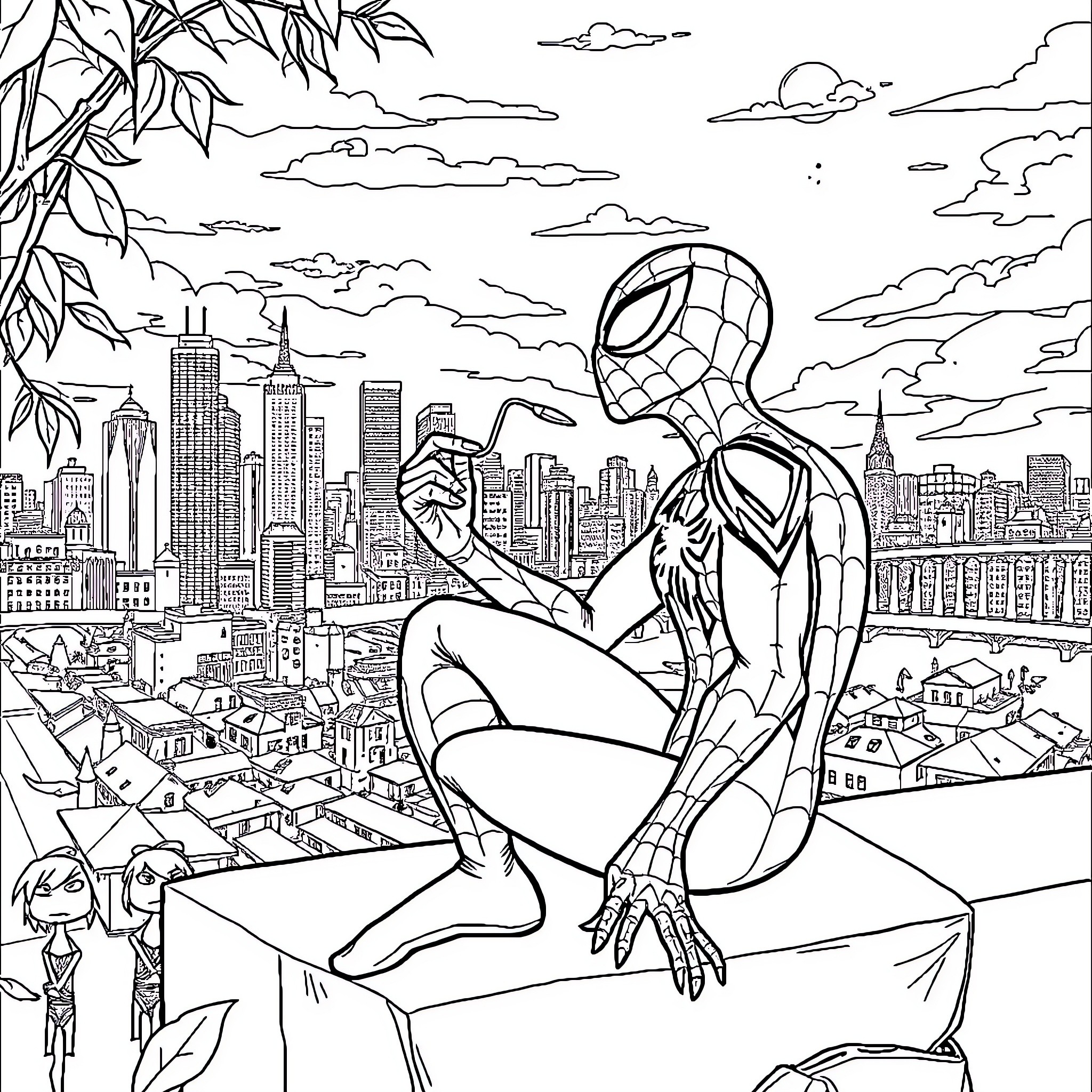 Homem-Aranha overlooking the city skyline Coloring Page (free black-and-white line drawing printable PDF for all, from beginners to advanced learners, including children, teens, adults, and seniors)