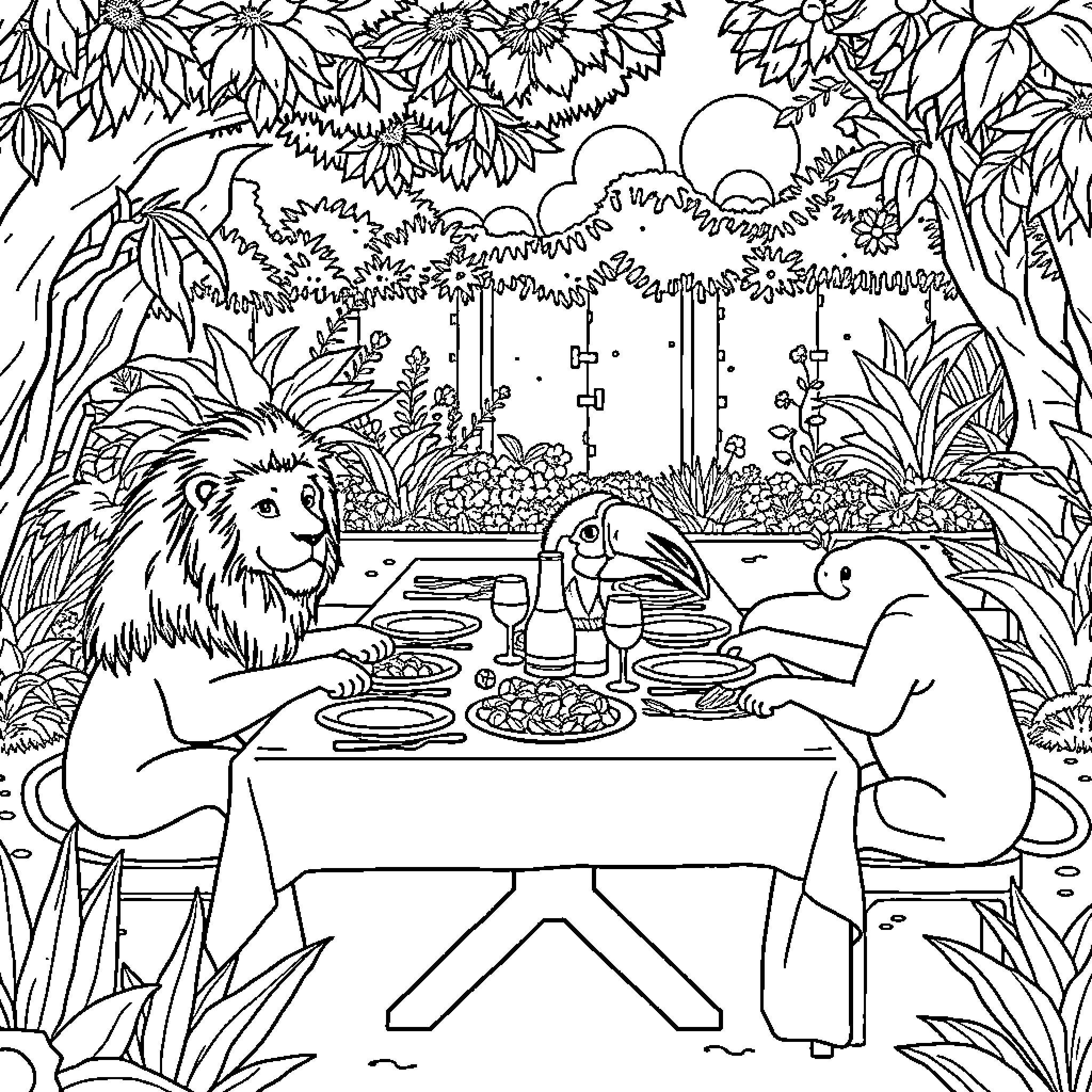Lion enjoying a picnic in the jungle Coloring Page (free black-and-white line drawing printable PDF for all, from beginners to advanced learners, including children, teens, adults, and seniors)