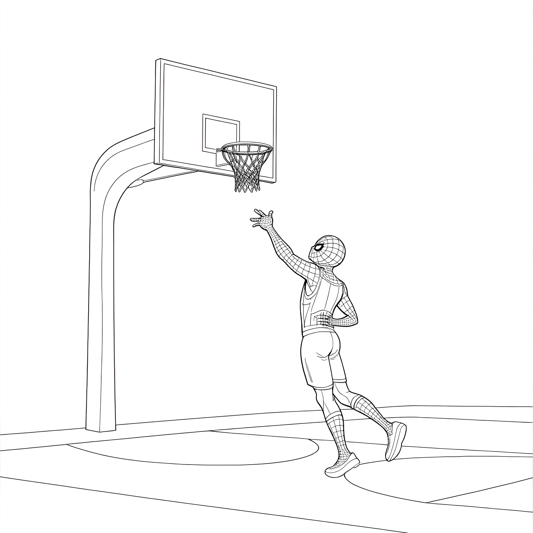 Spider-Man shooting hoops on basketball court Coloring Page (free black-and-white line drawing printable PDF for all, from beginners to advanced learners, including children, teens, adults, and seniors)