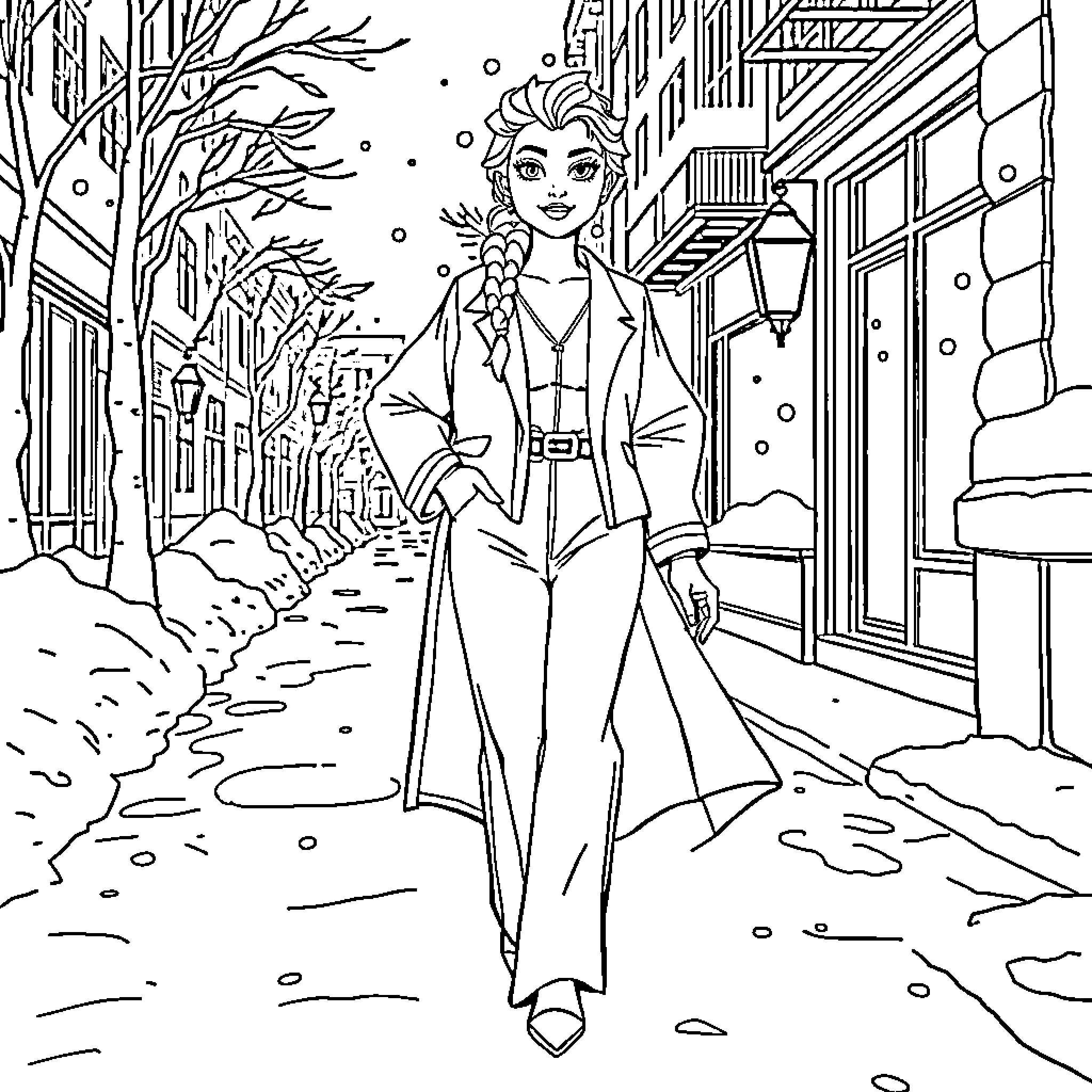 Elsa walking through a snowy village Coloring Page (free black-and-white line drawing printable PDF for all, from beginners to advanced learners, including children, teens, adults, and seniors)