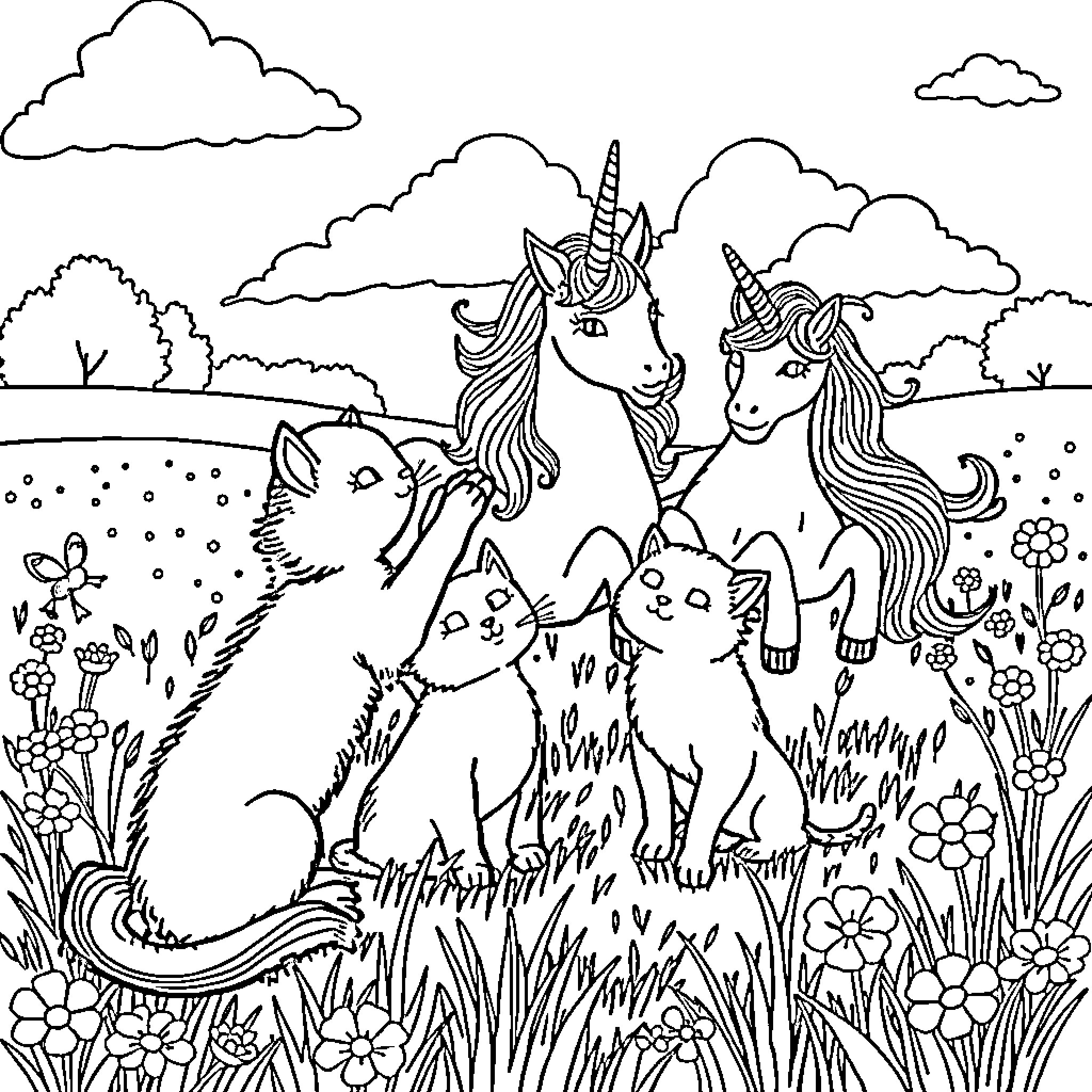 Cat and Unicorns in a Magical Field Coloring Page (free black-and-white line drawing printable PDF for all, from beginners to advanced learners, including children, teens, adults, and seniors)
