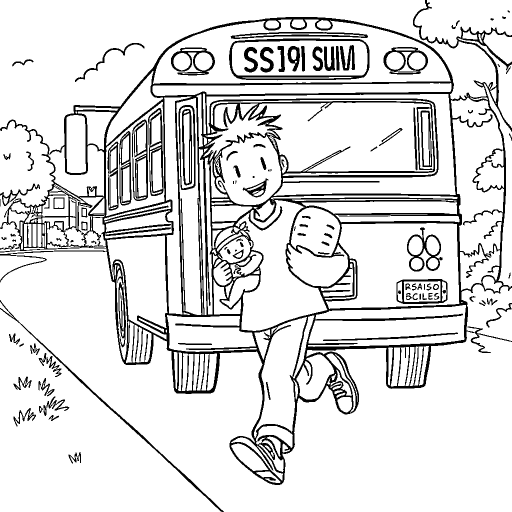Zenitsu boarding the school bus happily Coloring Page (free black-and-white line drawing printable PDF for all, from beginners to advanced learners, including children, teens, adults, and seniors)