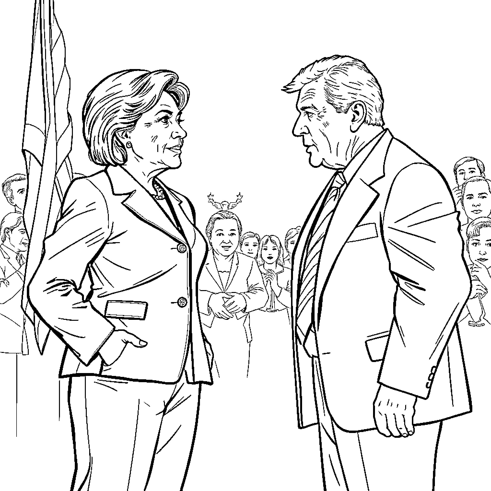 Hillary Clinton and political counterpart in formal discussion Coloring Page (free black-and-white line drawing printable PDF for all, from beginners to advanced learners, including children, teens, adults, and seniors)