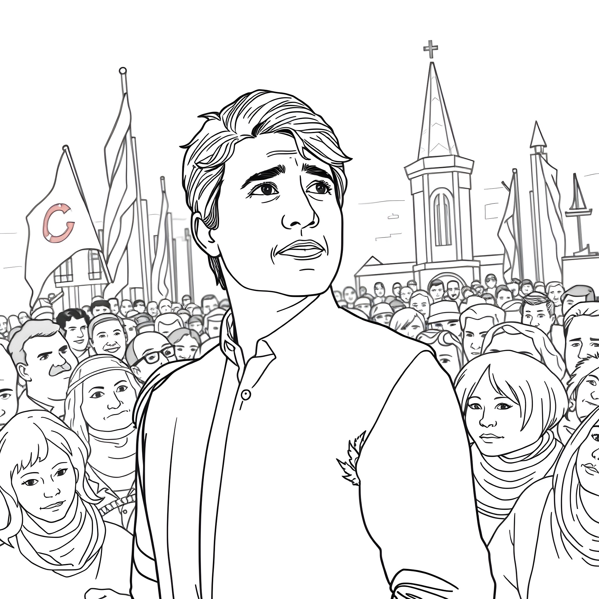 Justin Trudeau addressing a large crowd Coloring Page (free black-and-white line drawing printable PDF for all, from beginners to advanced learners, including children, teens, adults, and seniors)