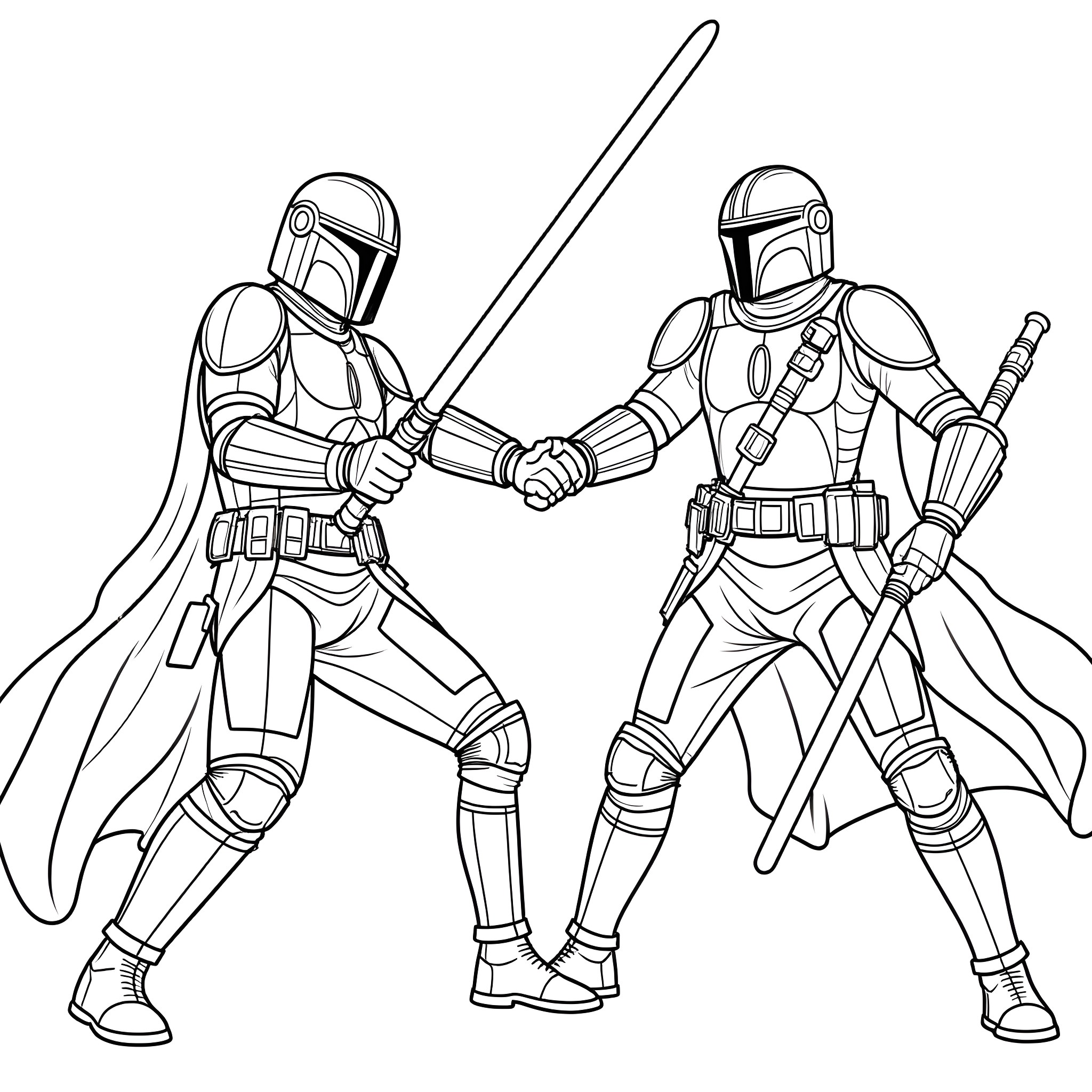 Mandalorian Warriors Engaged in Combat Coloring Page (free black-and-white line drawing printable PDF for all, from beginners to advanced learners, including children, teens, adults, and seniors)