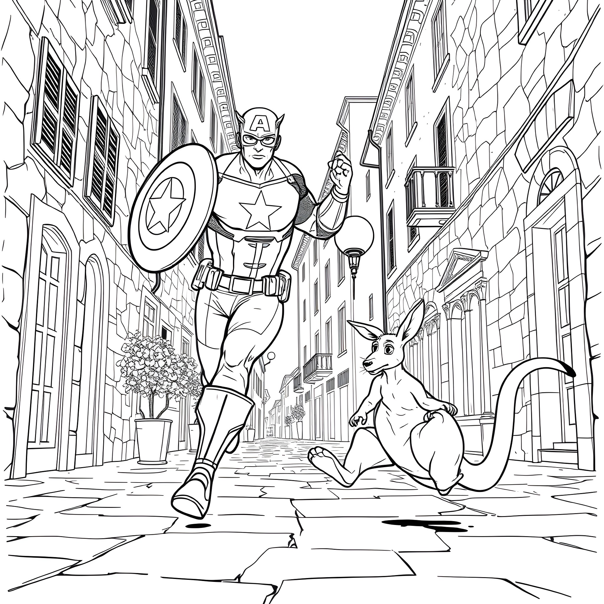 Captain America in action on city streets Coloring Page (free black-and-white line drawing printable PDF for all, from beginners to advanced learners, including children, teens, adults, and seniors)